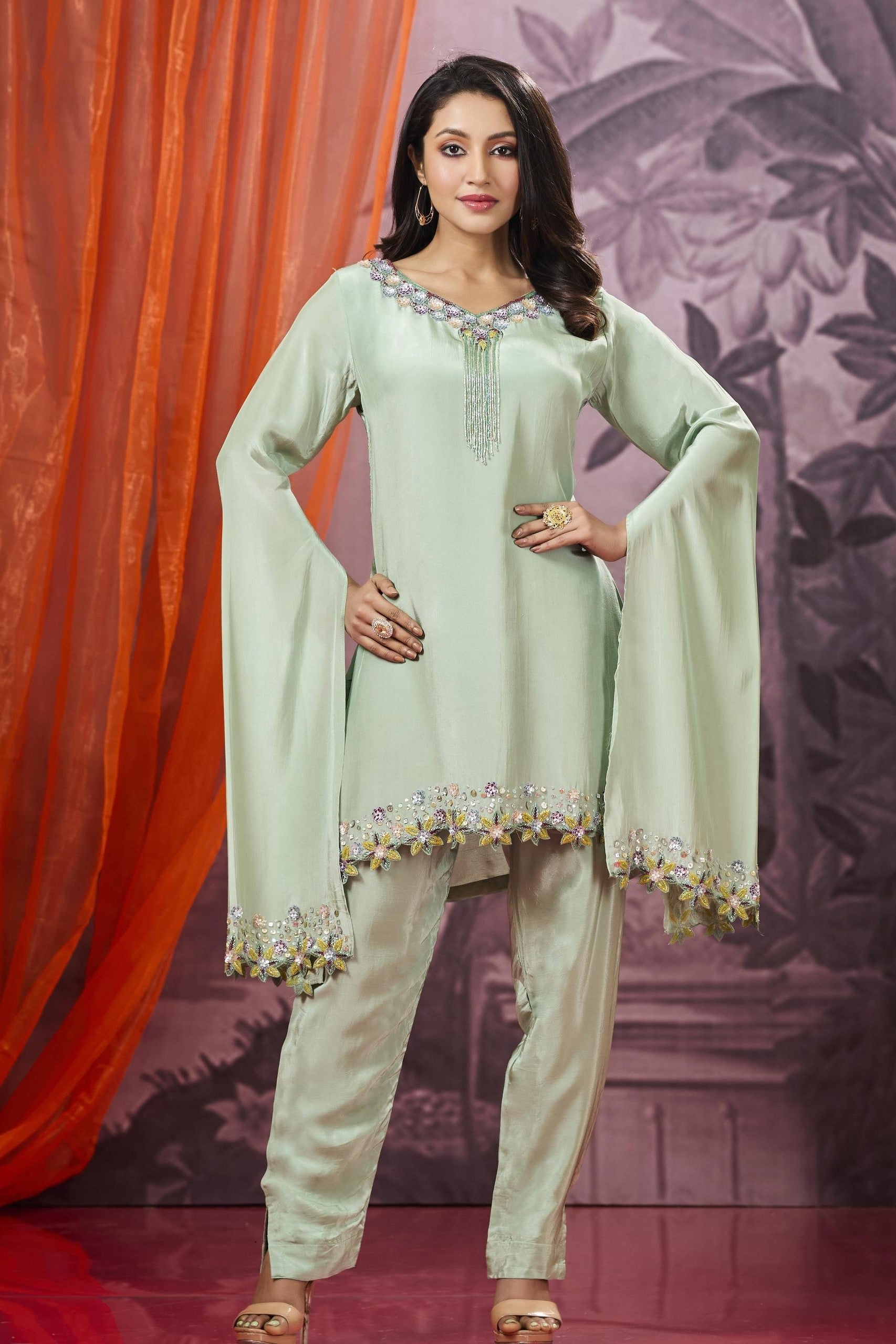 Pastel Green Embellished Satin Silk Pants Set