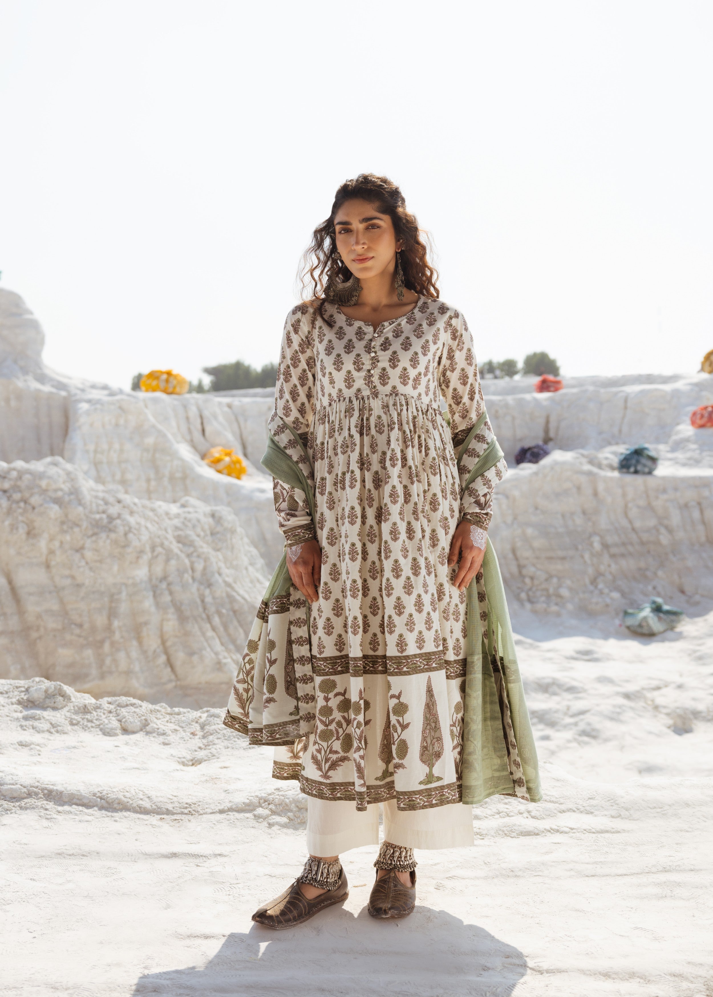 Cream and Olive Printed Organic Cotton Anarkali Set