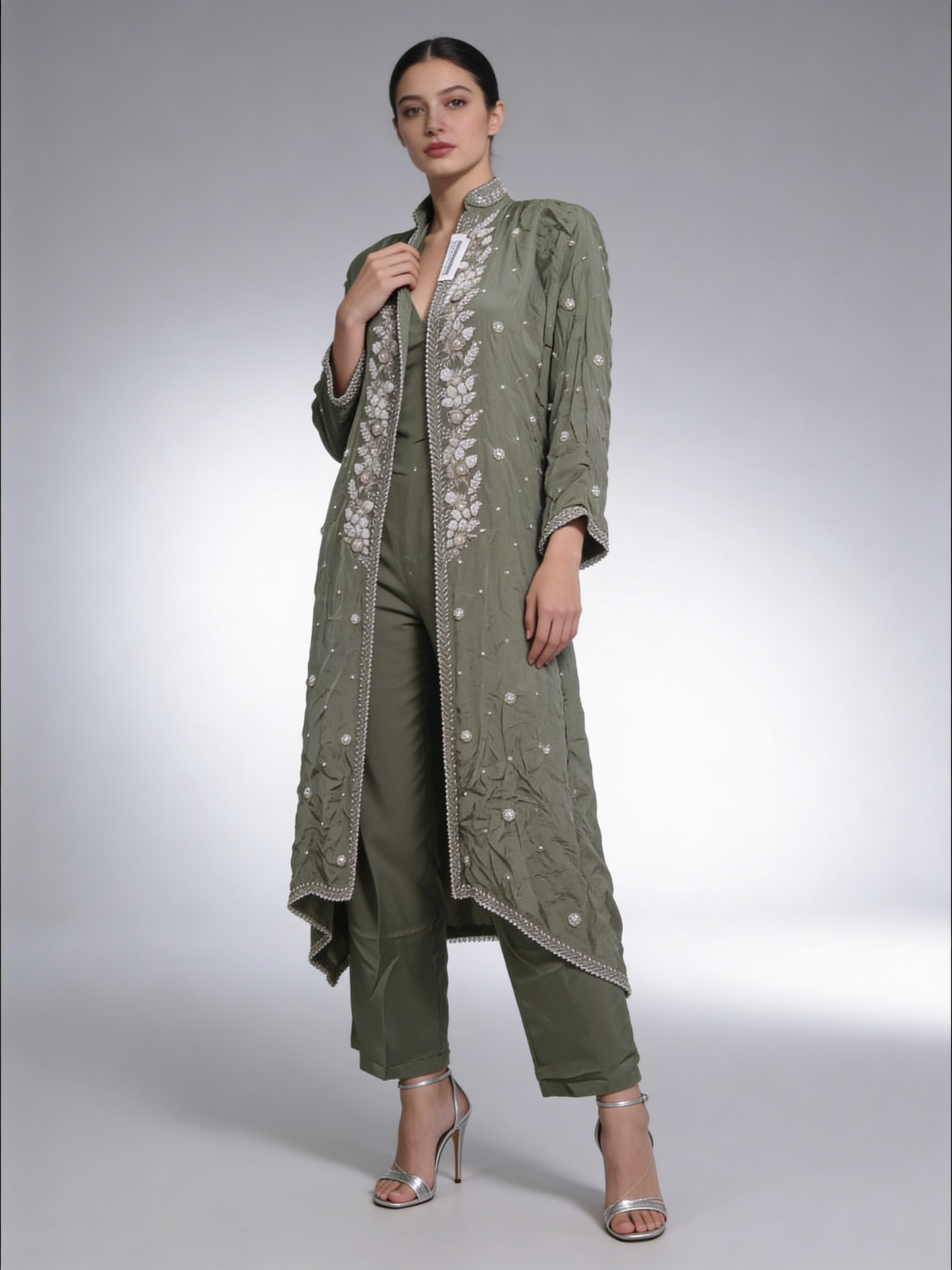 Olive Green Embellished Shimmer Tissue Silk Cape Set