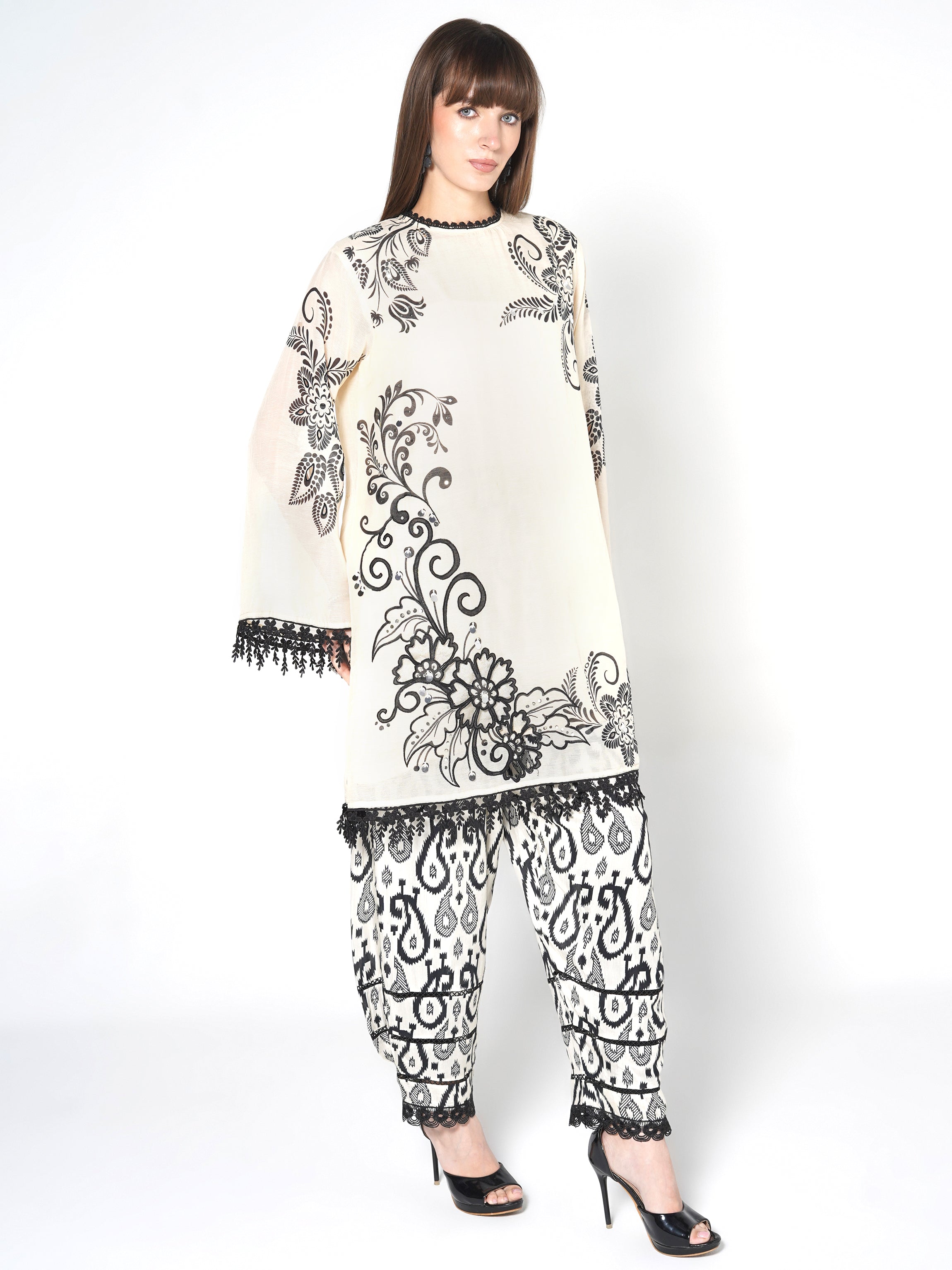 Pearl White Printed Linen Silk Co-Ord Set