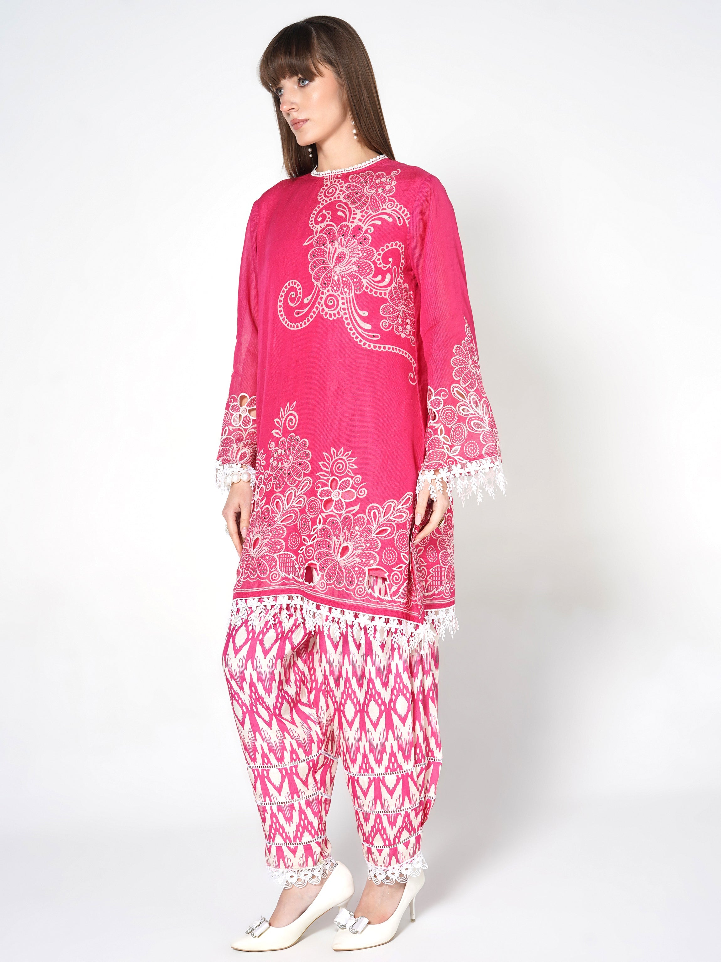 Bright Pink Printed Linen Silk Co-Ord Set