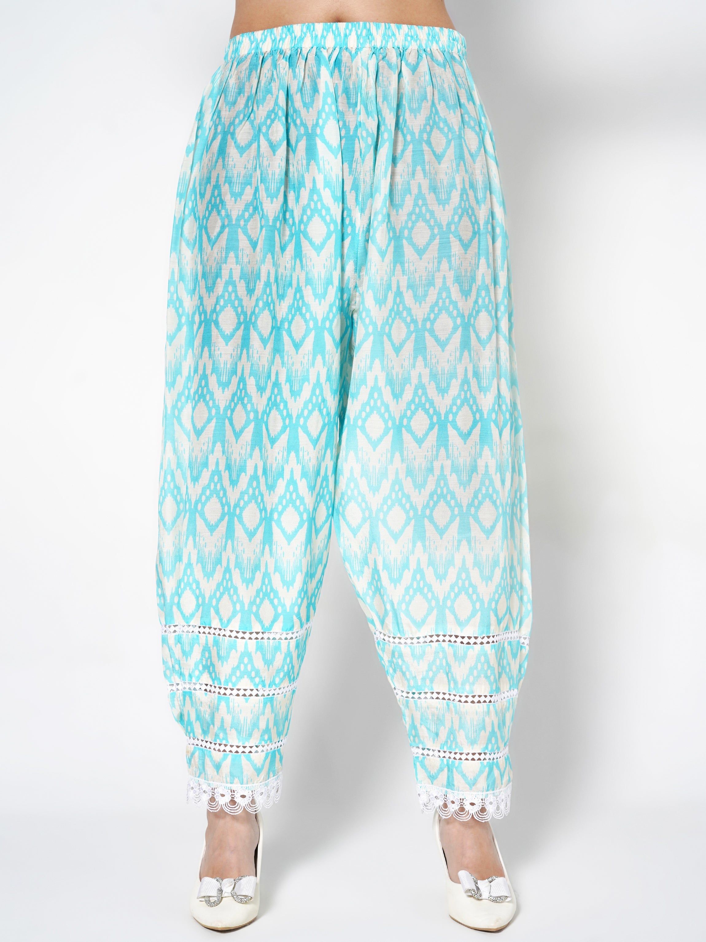 Bright Cyan Printed Linen Silk Co-Ord Set
