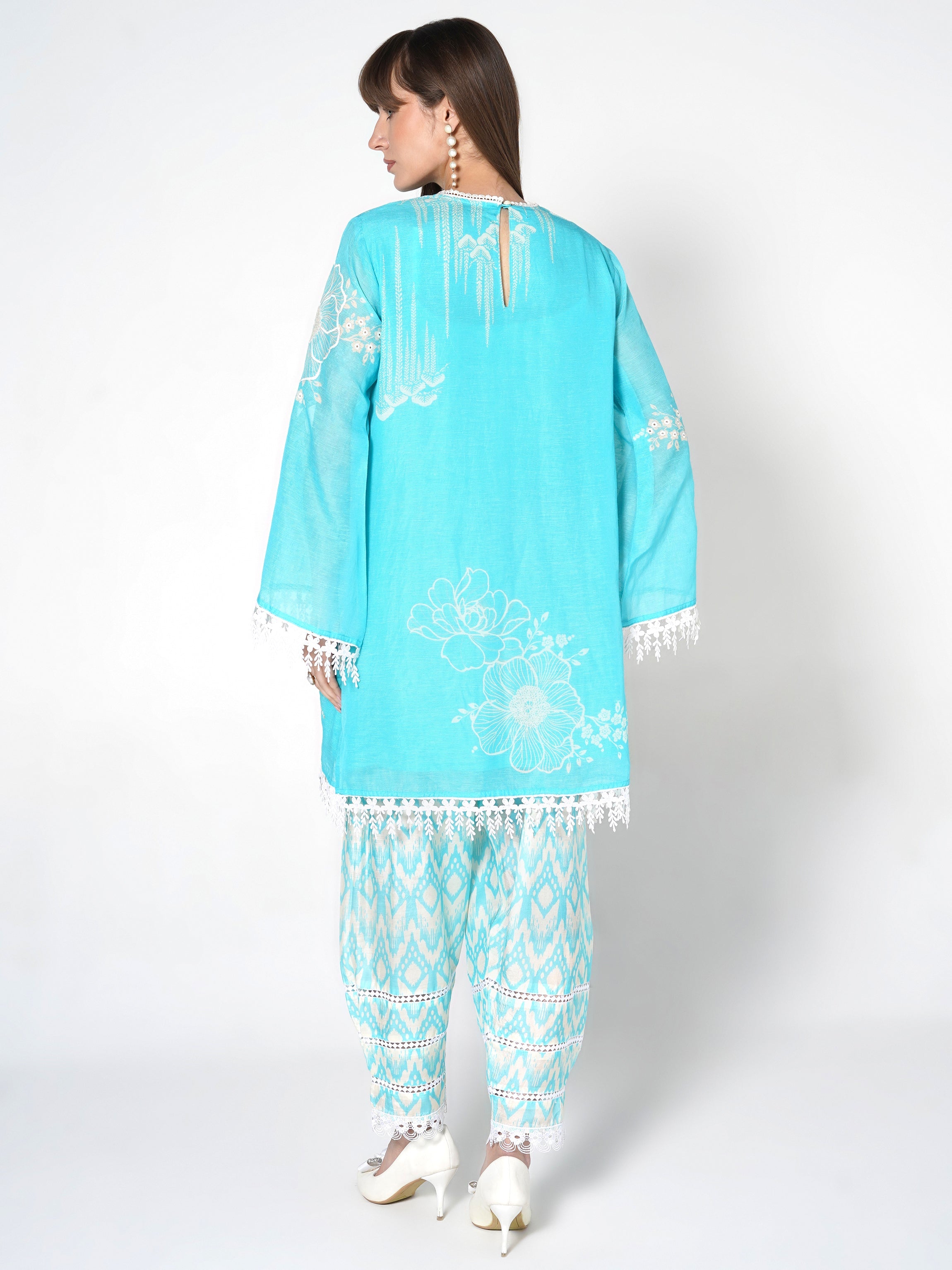 Bright Cyan Printed Linen Silk Co-Ord Set