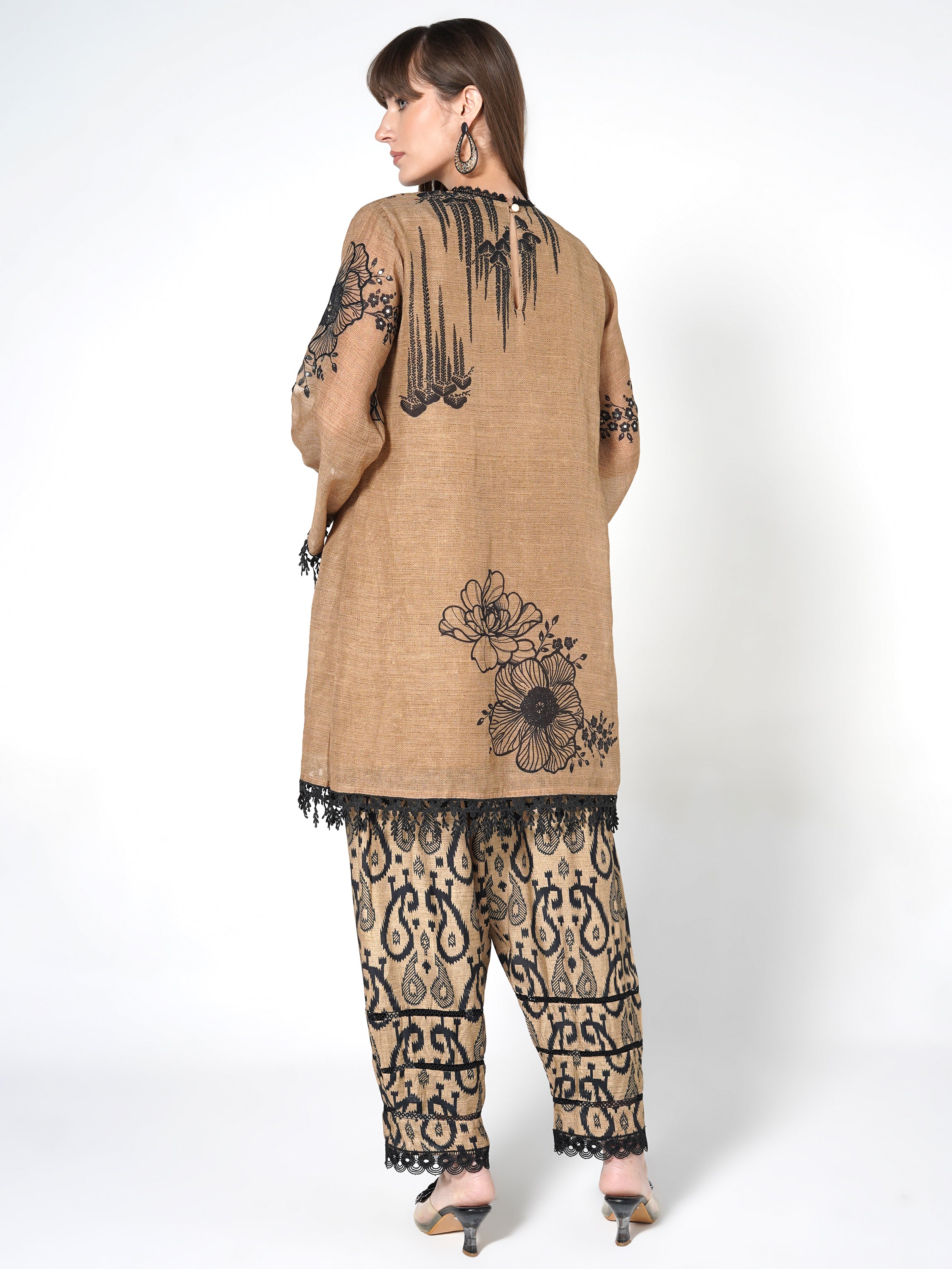 Camel Brown Printed Linen Silk Co-Ord Set