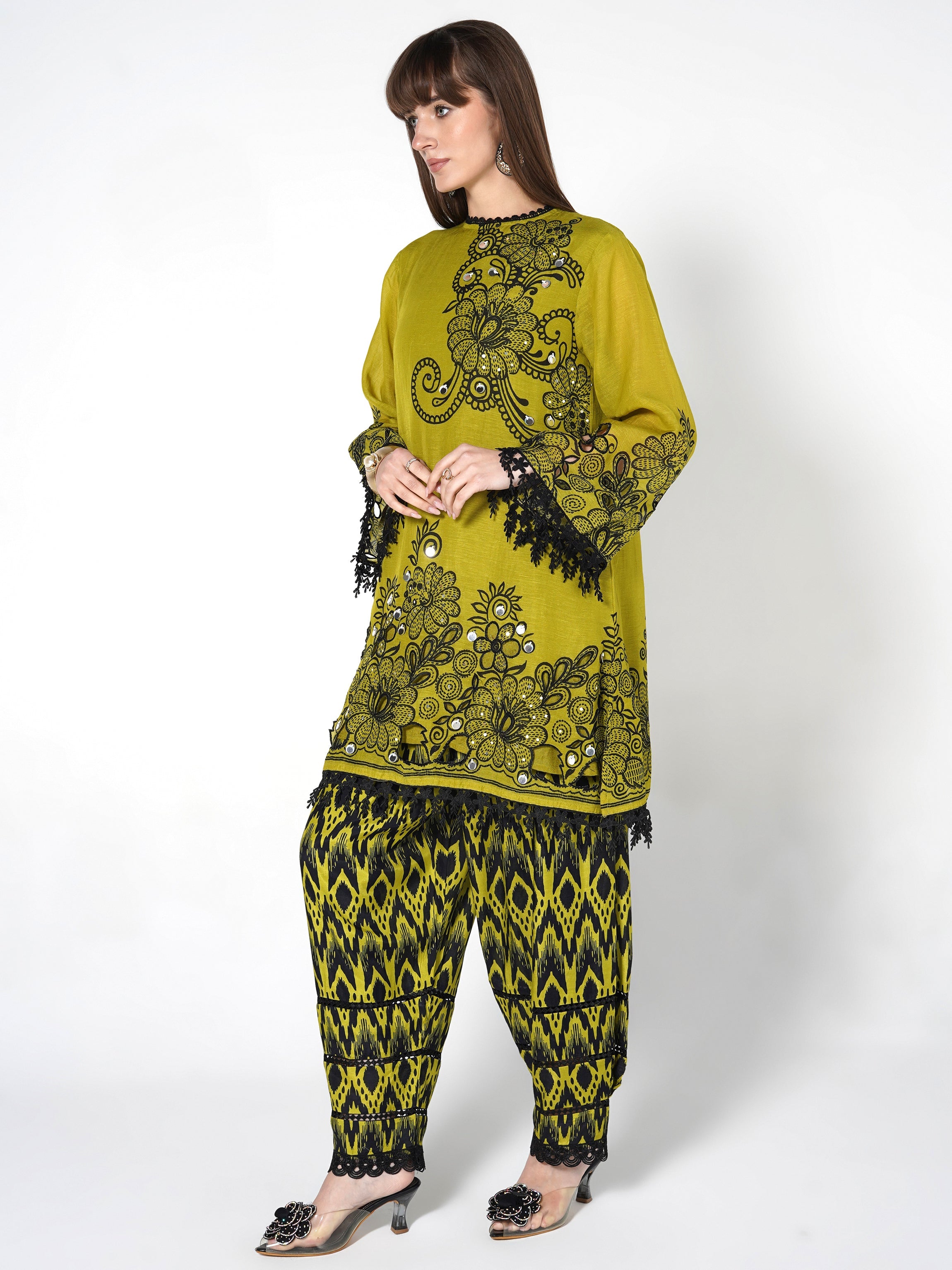 Light Olive Printed Linen Silk Co-Ord Set
