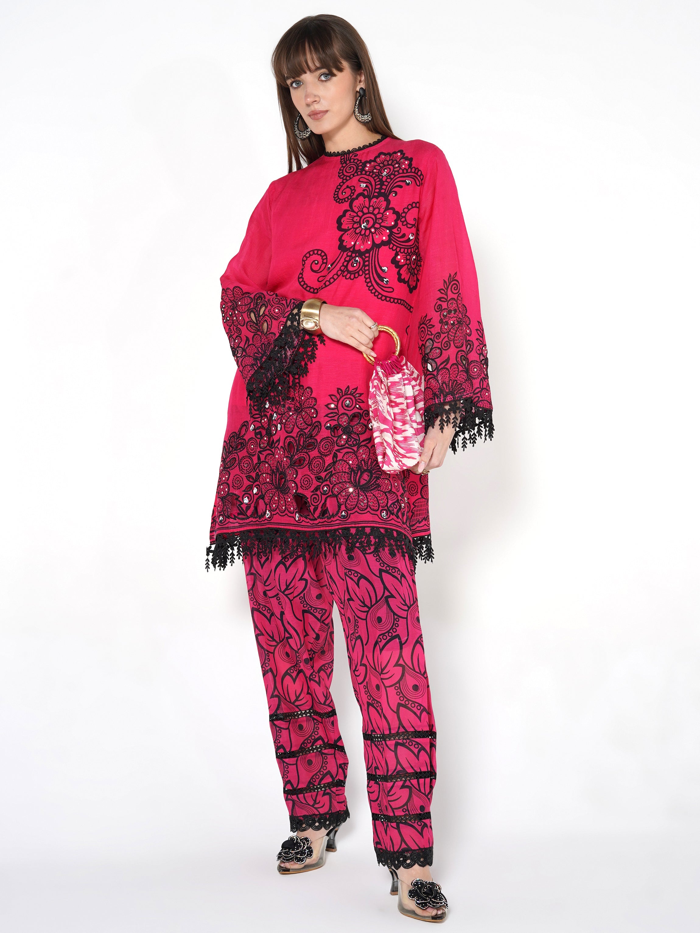 Hot Pink Printed Linen Silk Co-Ord Set