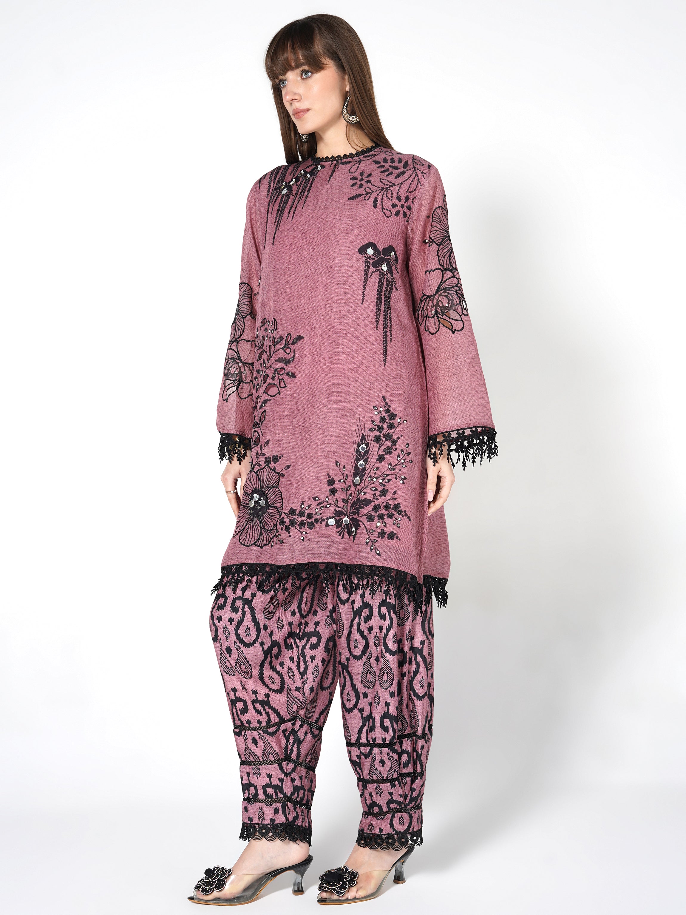 Mauve Onyx Printed Linen Silk Co-Ord Set