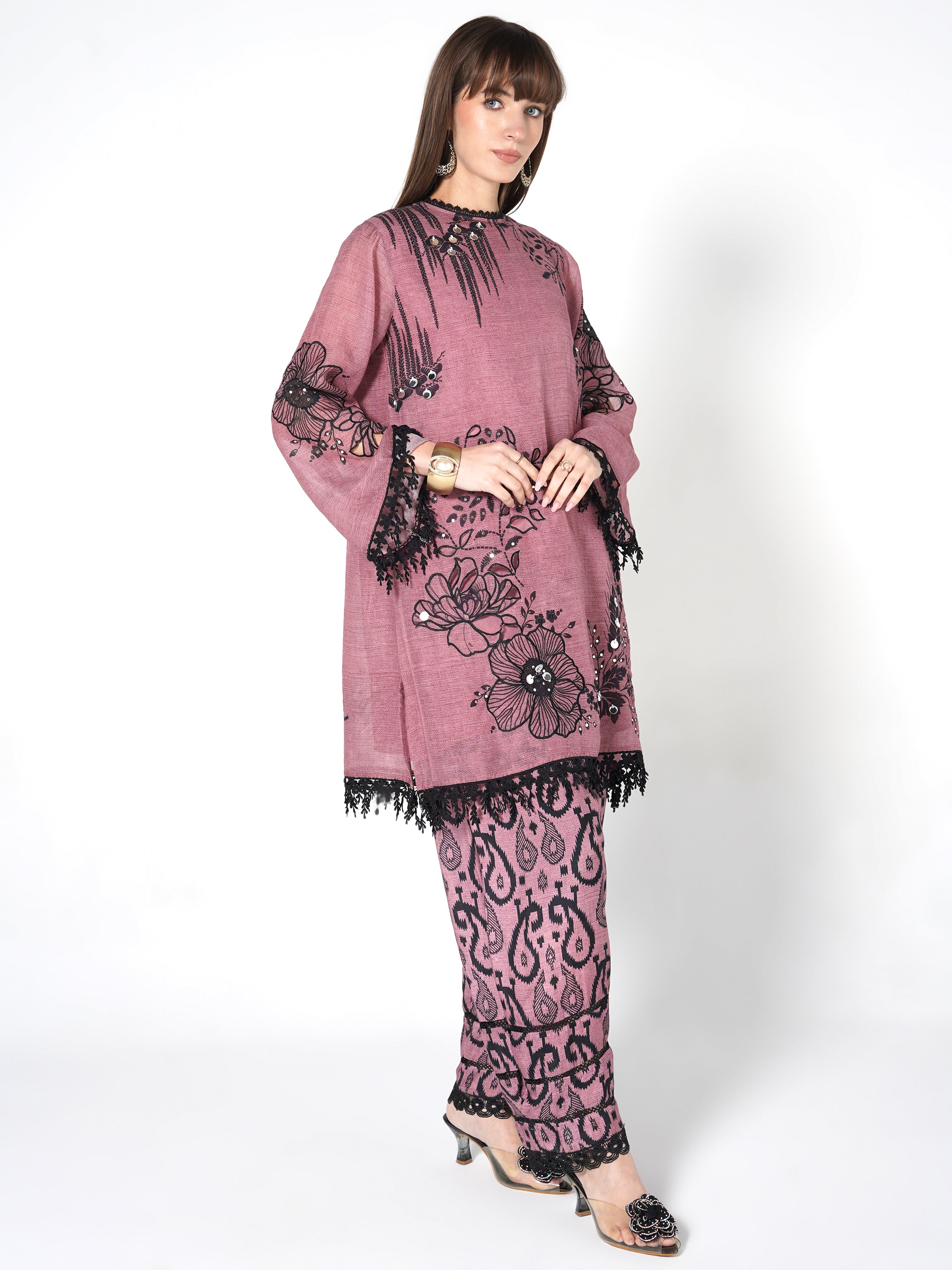 Mauve Onyx Printed Linen Silk Co-Ord Set