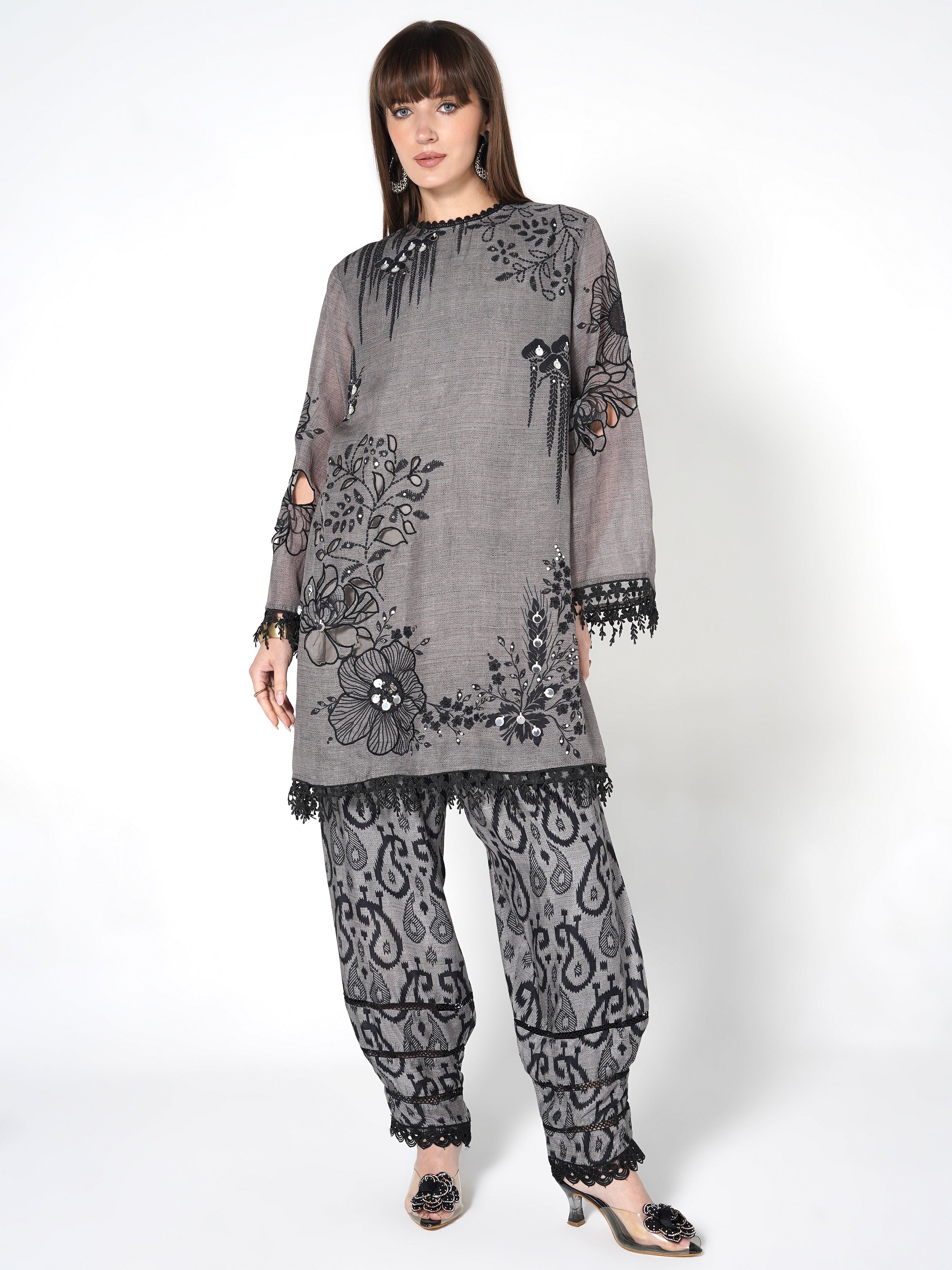 Steel Grey Printed Linen Silk Co-Ord Set