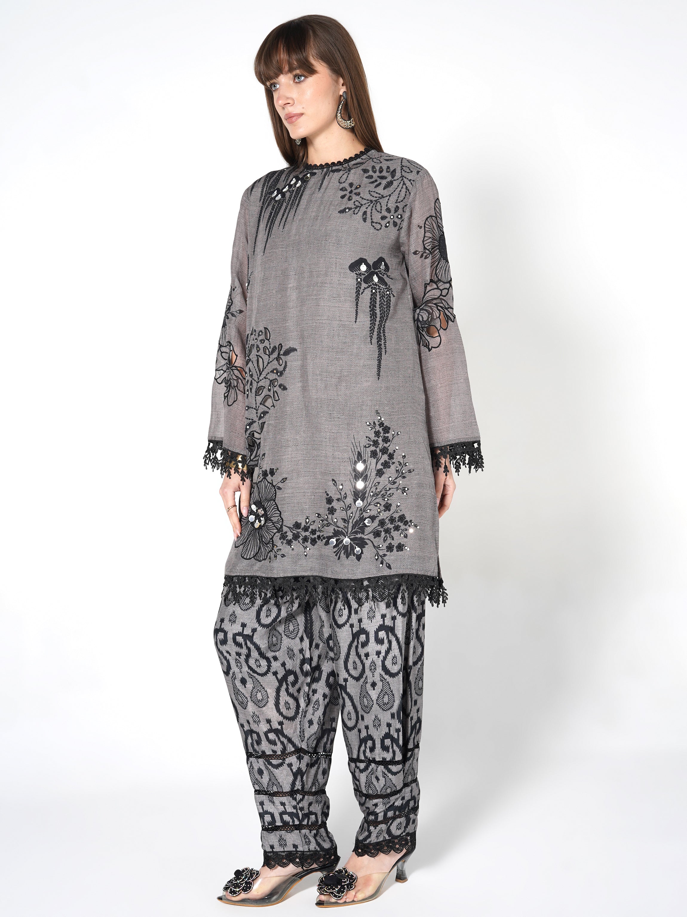 Steel Grey Printed Linen Silk Co-Ord Set