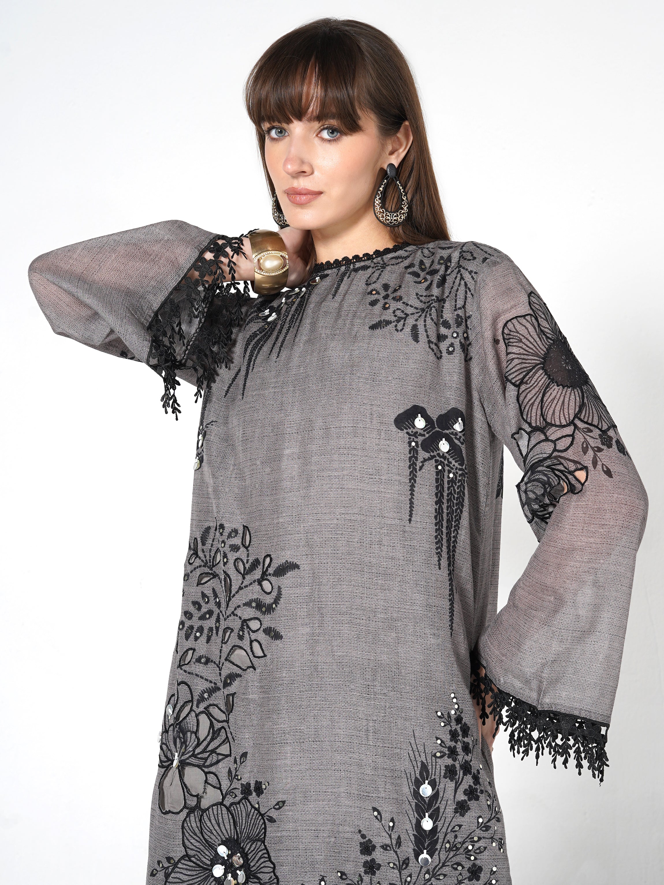 Steel Grey Printed Linen Silk Co-Ord Set