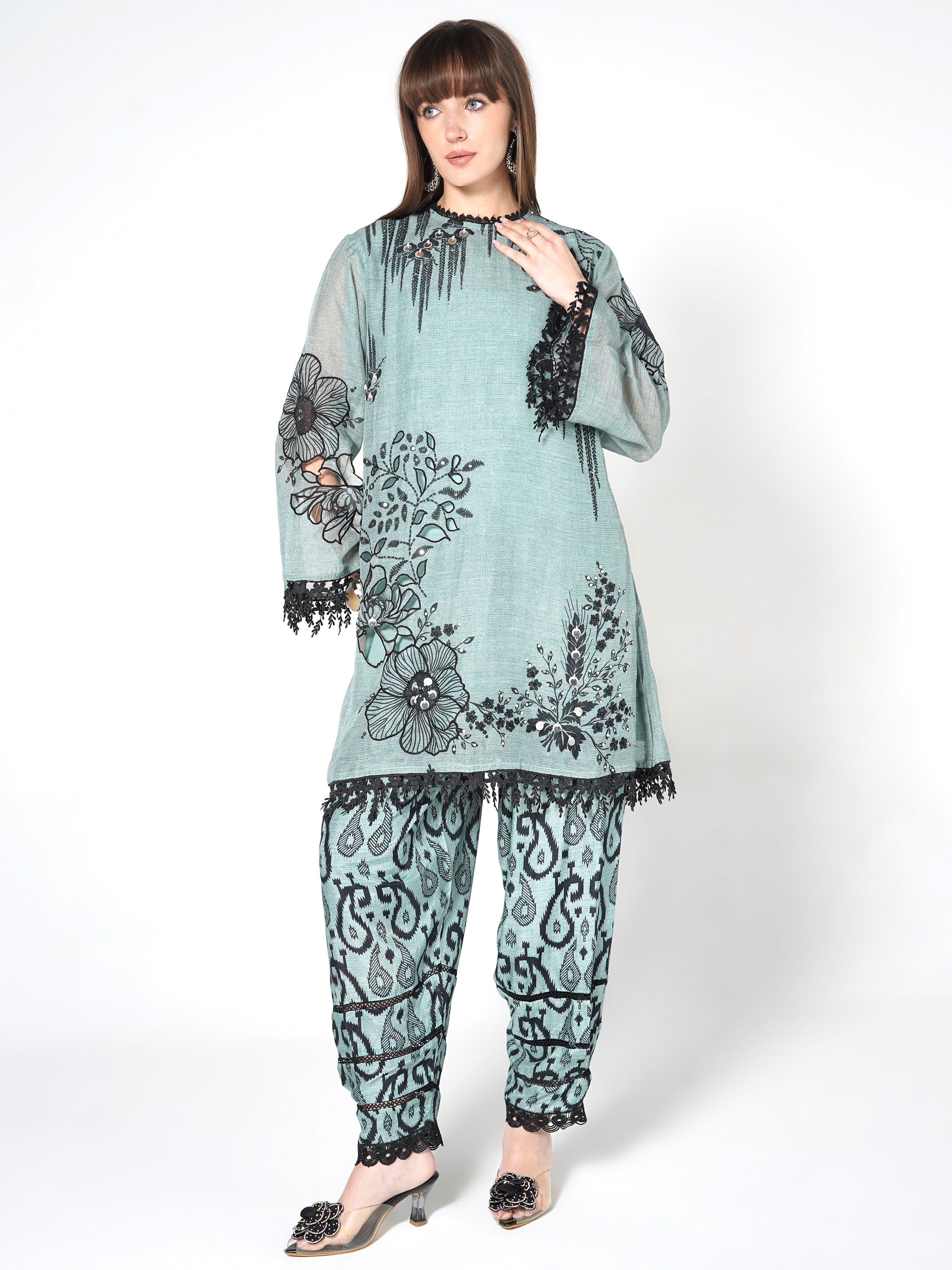 Seafoam Blue Printed Linen Silk Co-Ord Set