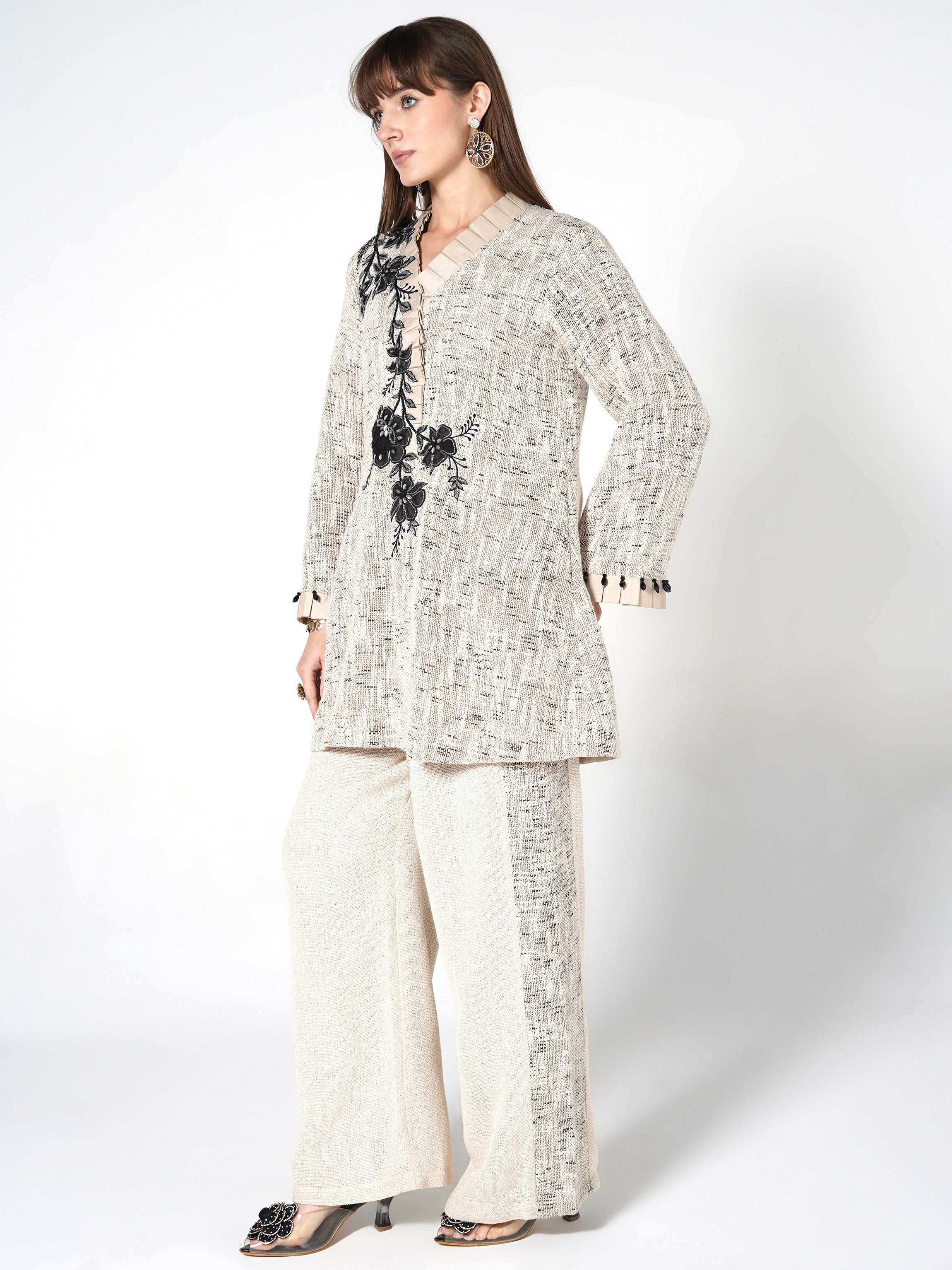 Beige & Black Floral Jute Co-ord Set