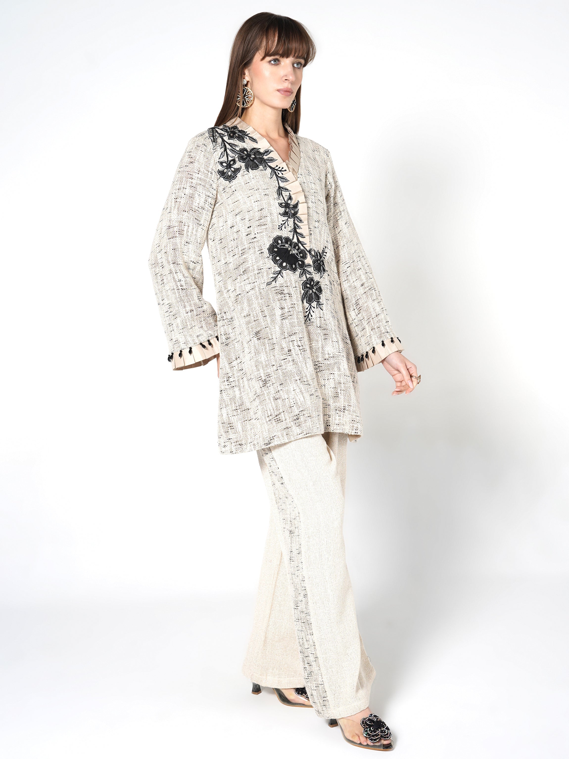 Beige & Black Floral Jute Co-ord Set