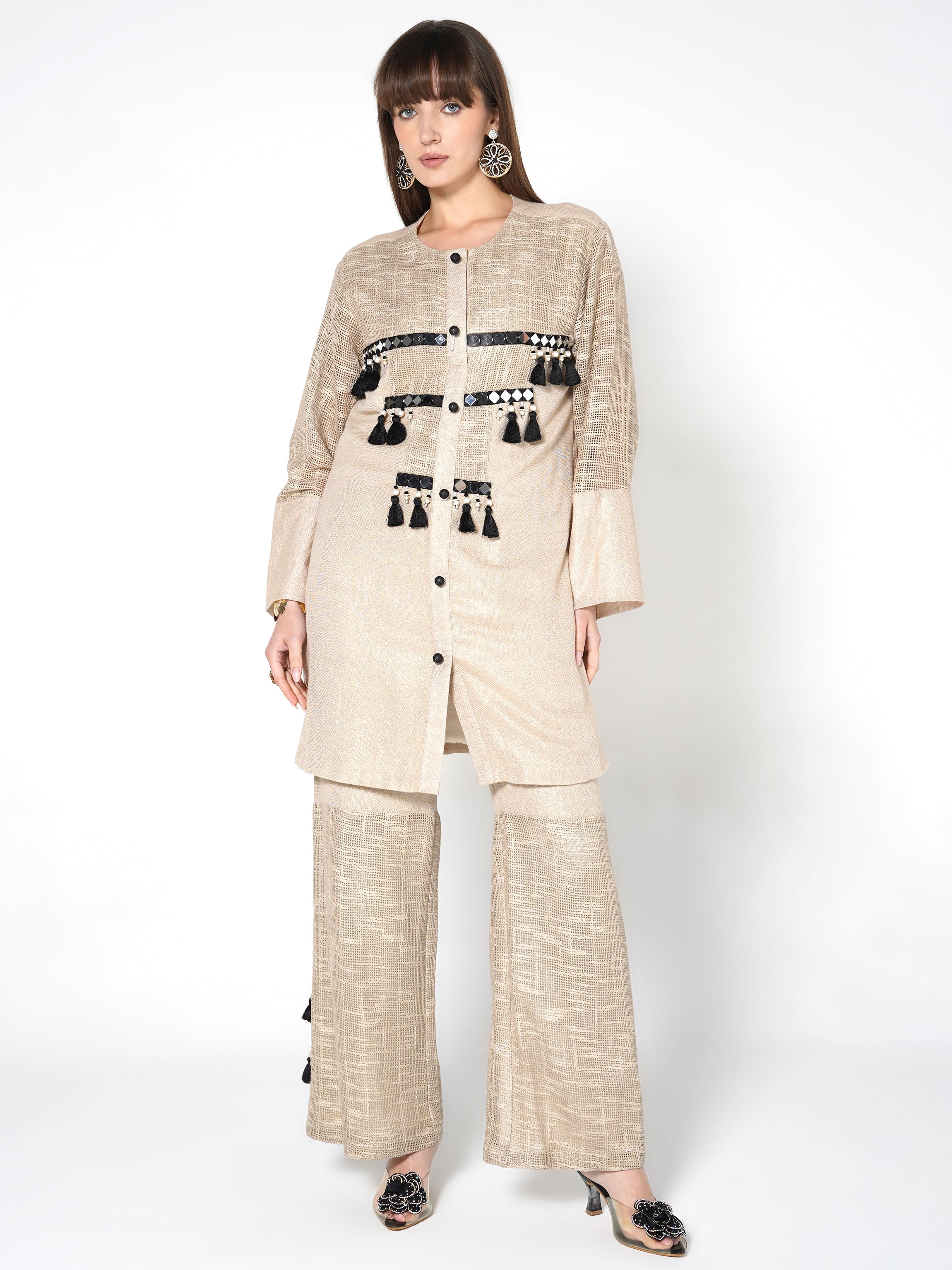 Champagne Beige Embroidered Jute Co-ord Set