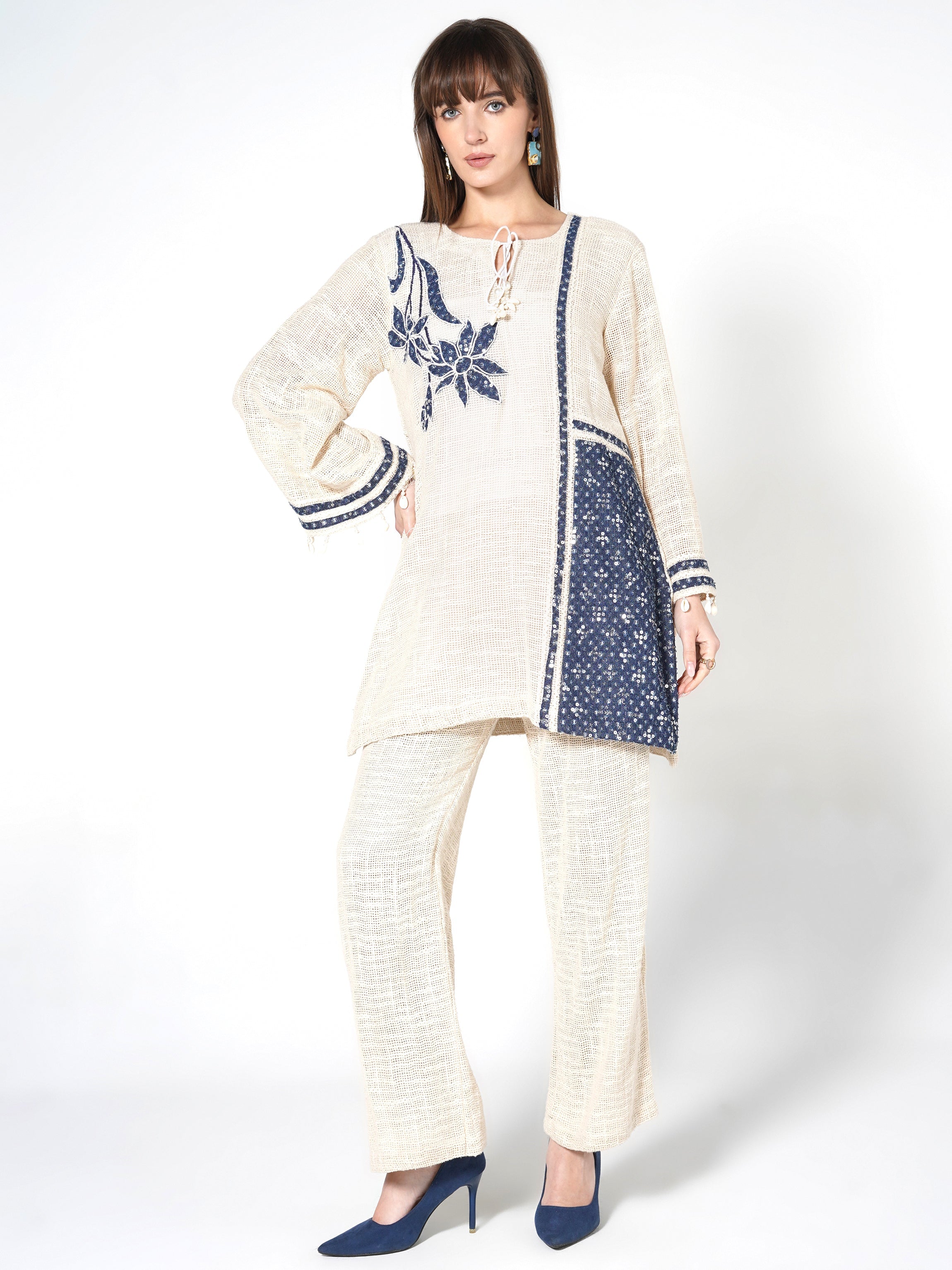 Cream & Navy Embellished Jute Co-ord Set