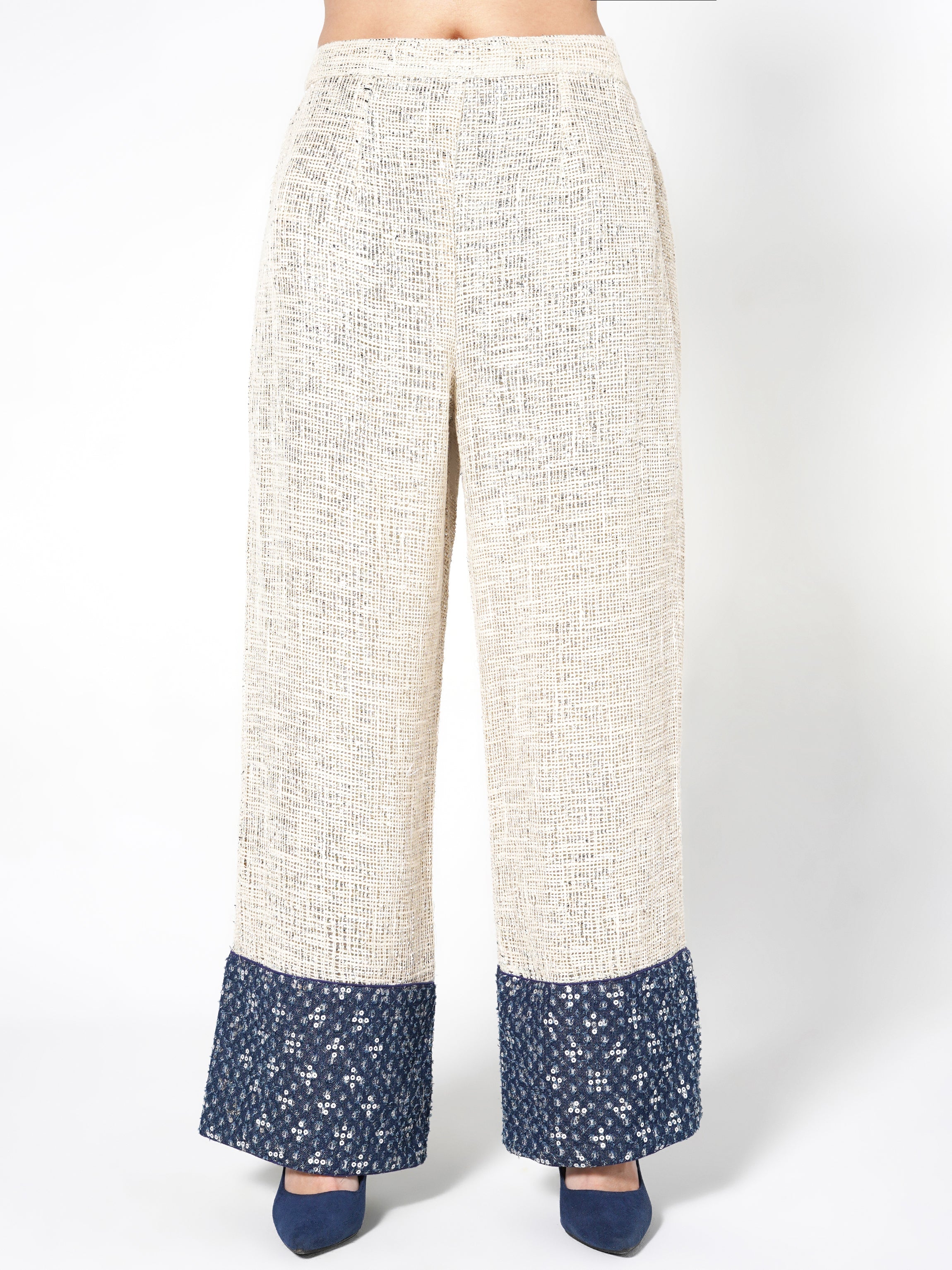 Cream & Blue Sequin-Embellished Jute Co-ord Set