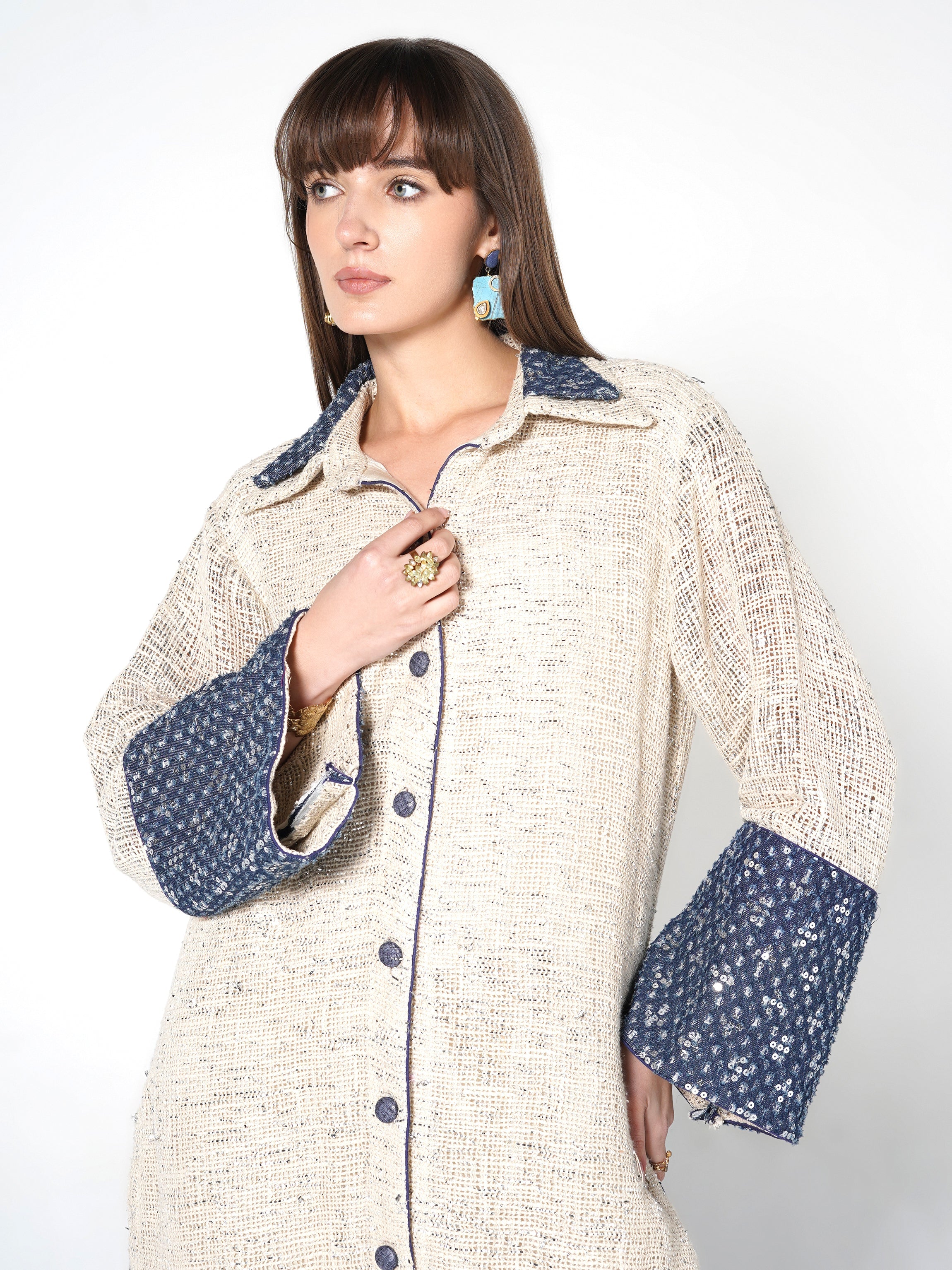 Cream & Blue Sequin-Embellished Jute Co-ord Set