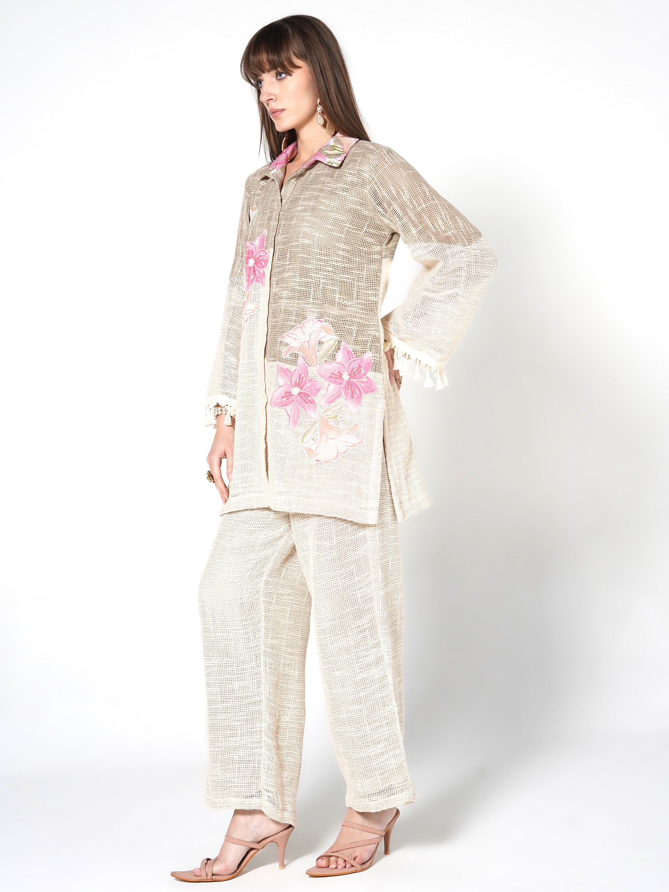 Natural Beige Embroidered Jute Co-ord Set