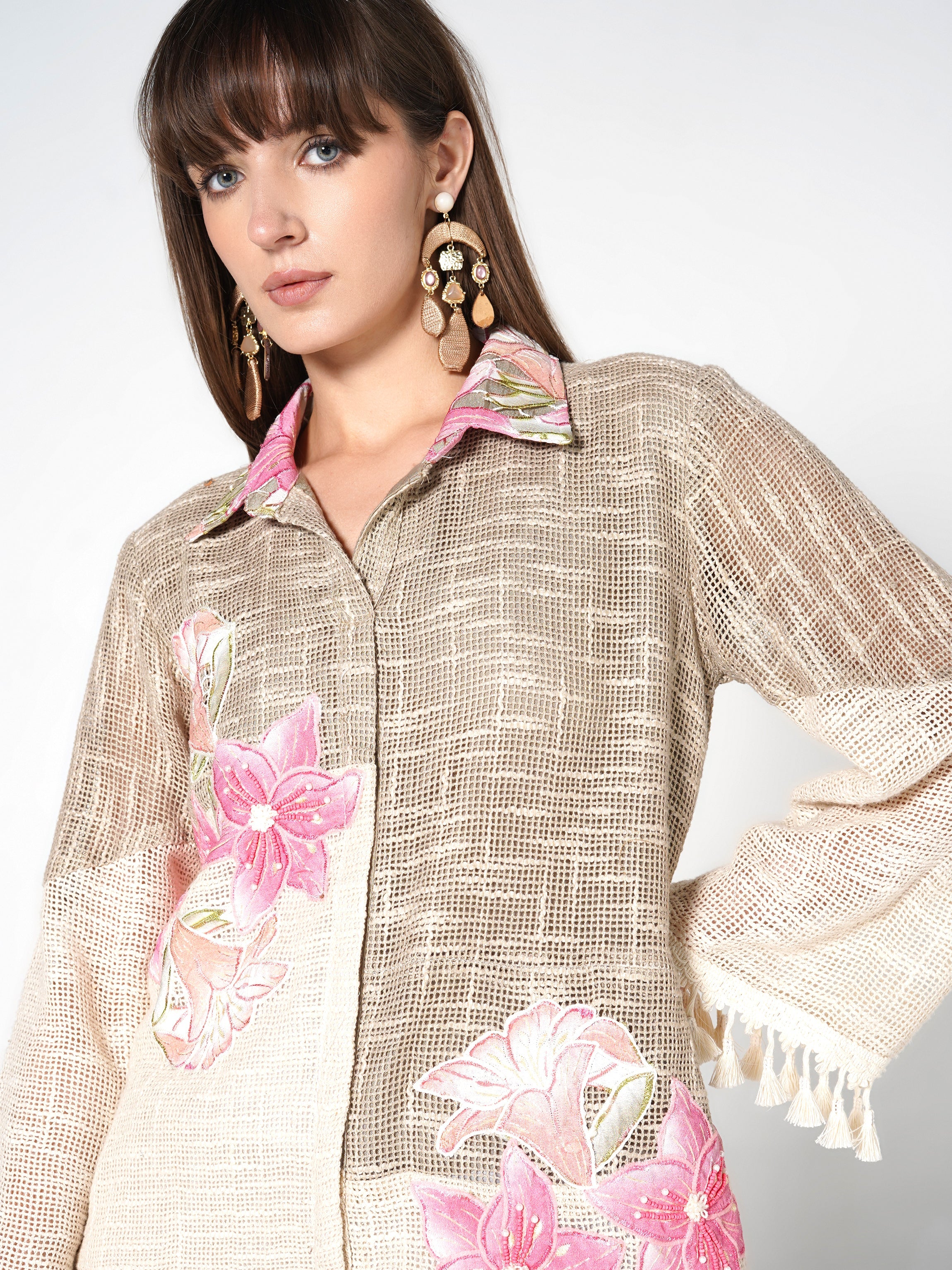 Natural Beige Embroidered Jute Co-ord Set