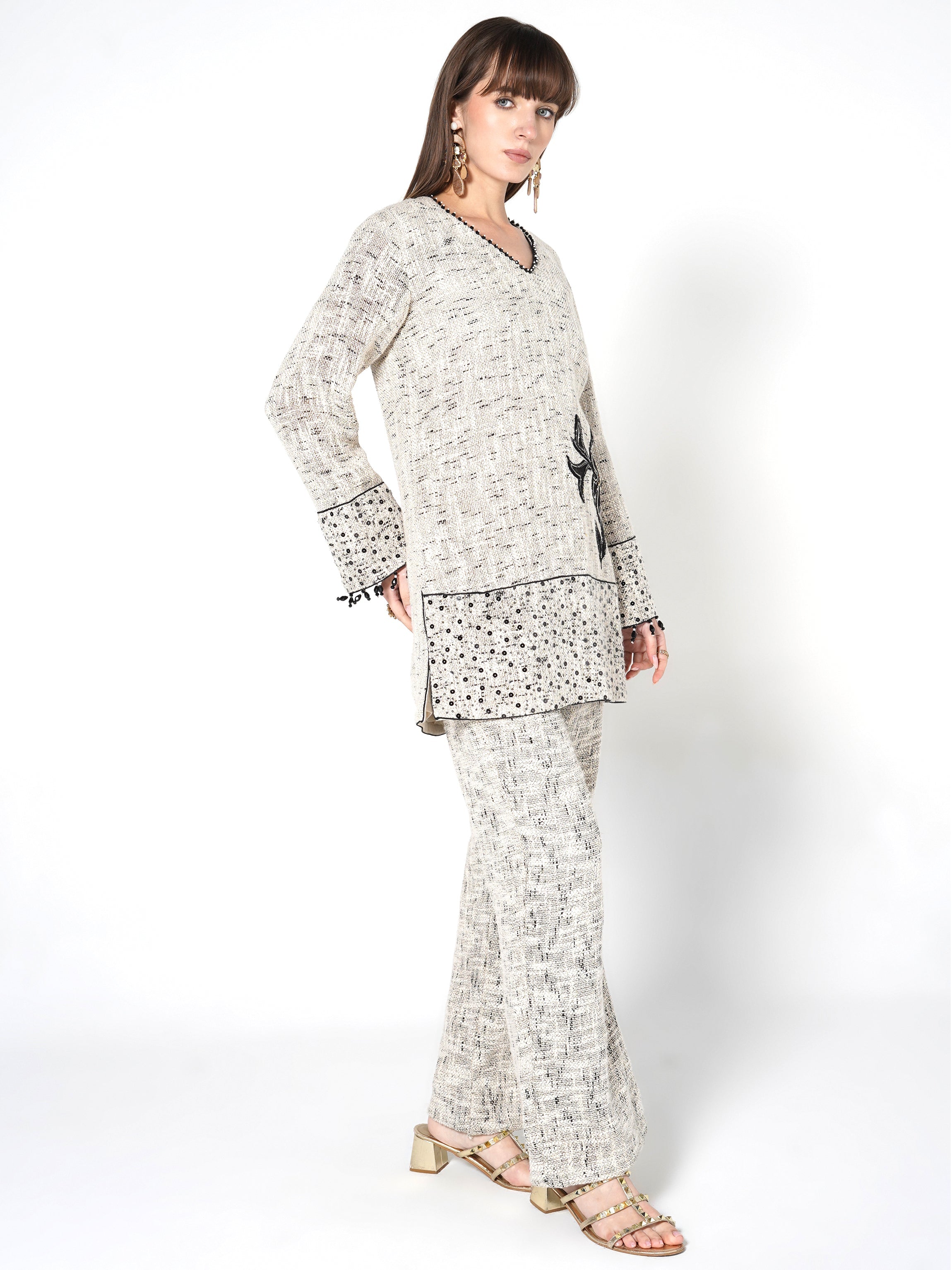 Heathered Cream & Black Floral Jute Co-ord Set