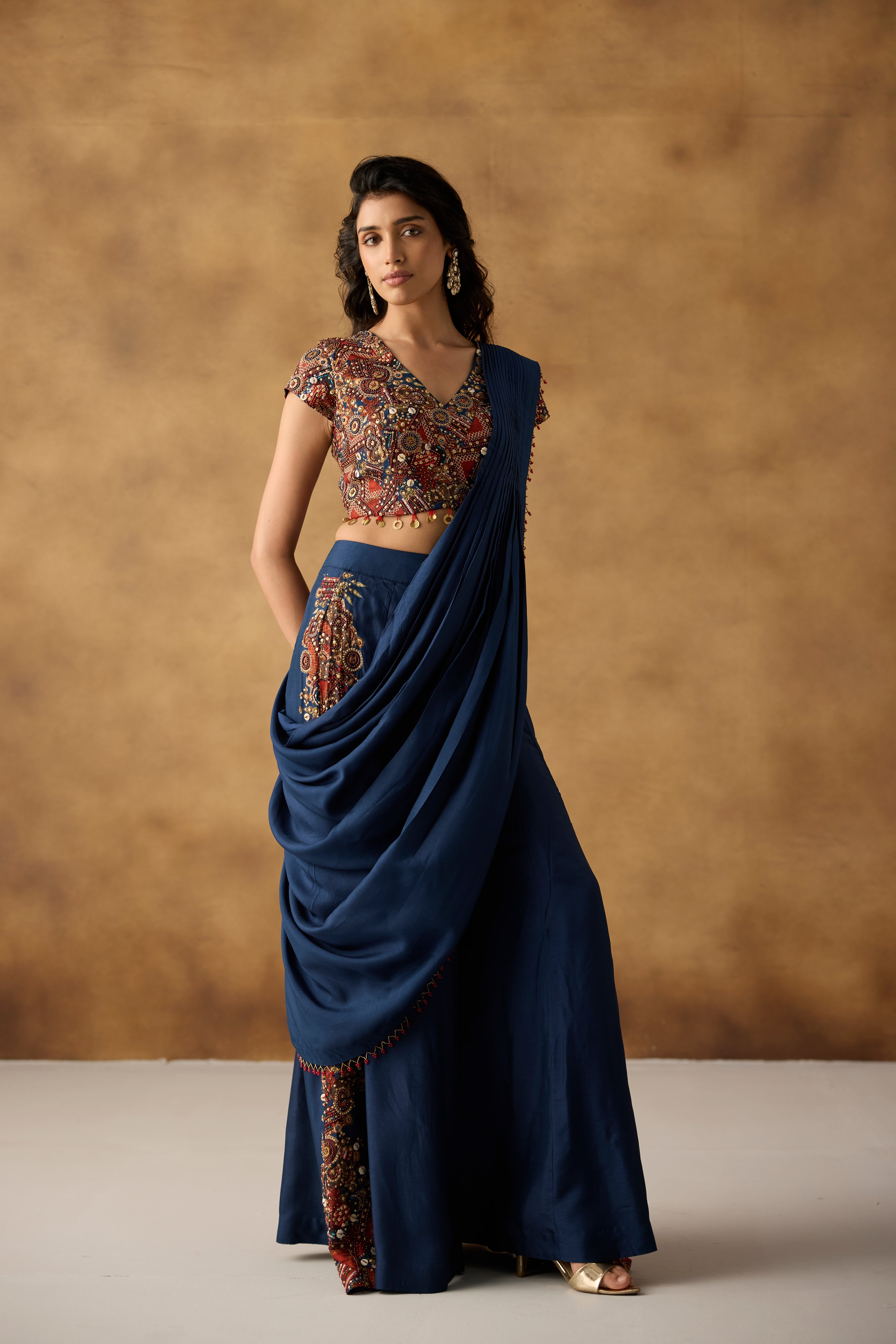 Navy Embellished Georgette Silk Palazzo with Drape