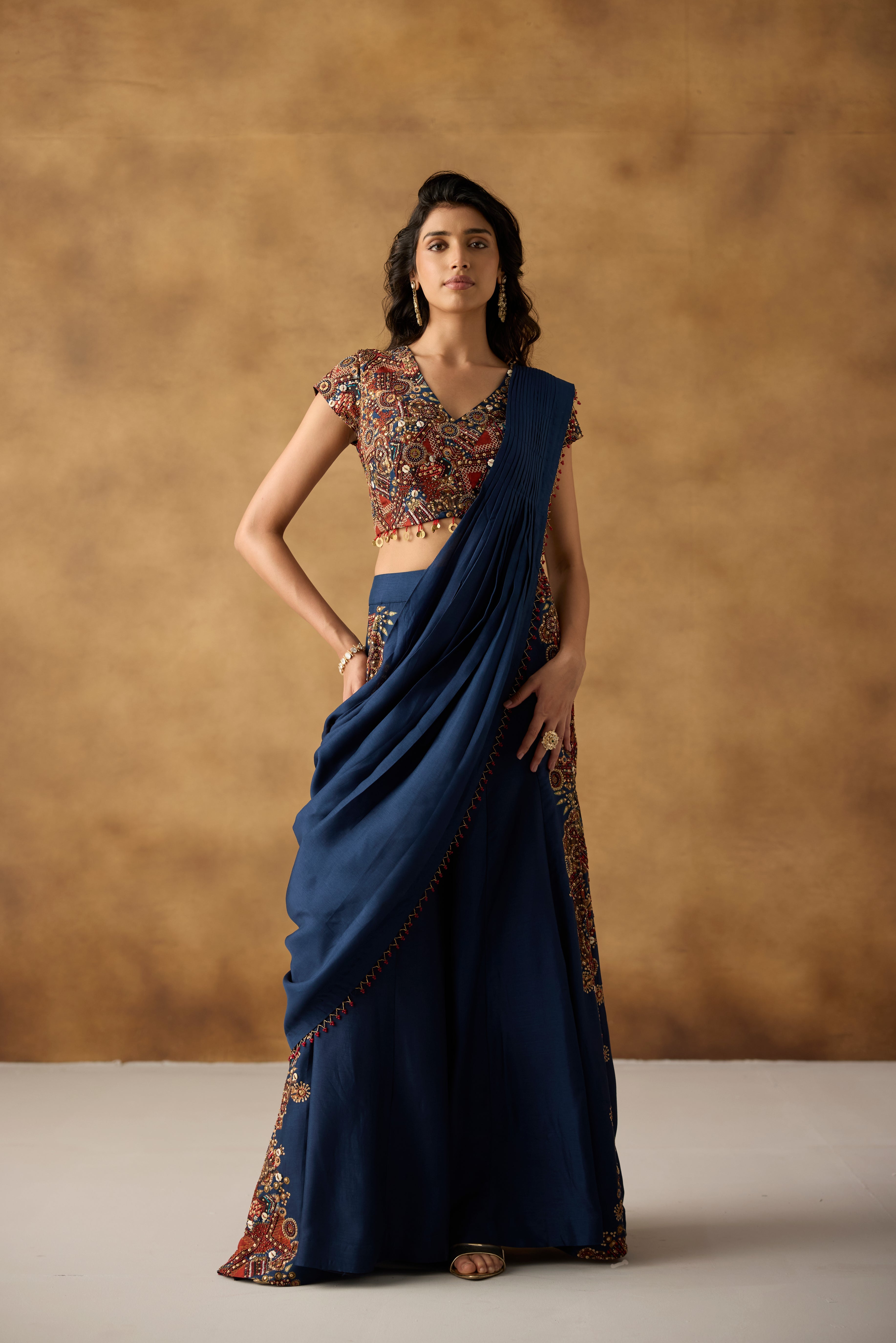 Navy Embellished Georgette Silk Palazzo with Drape