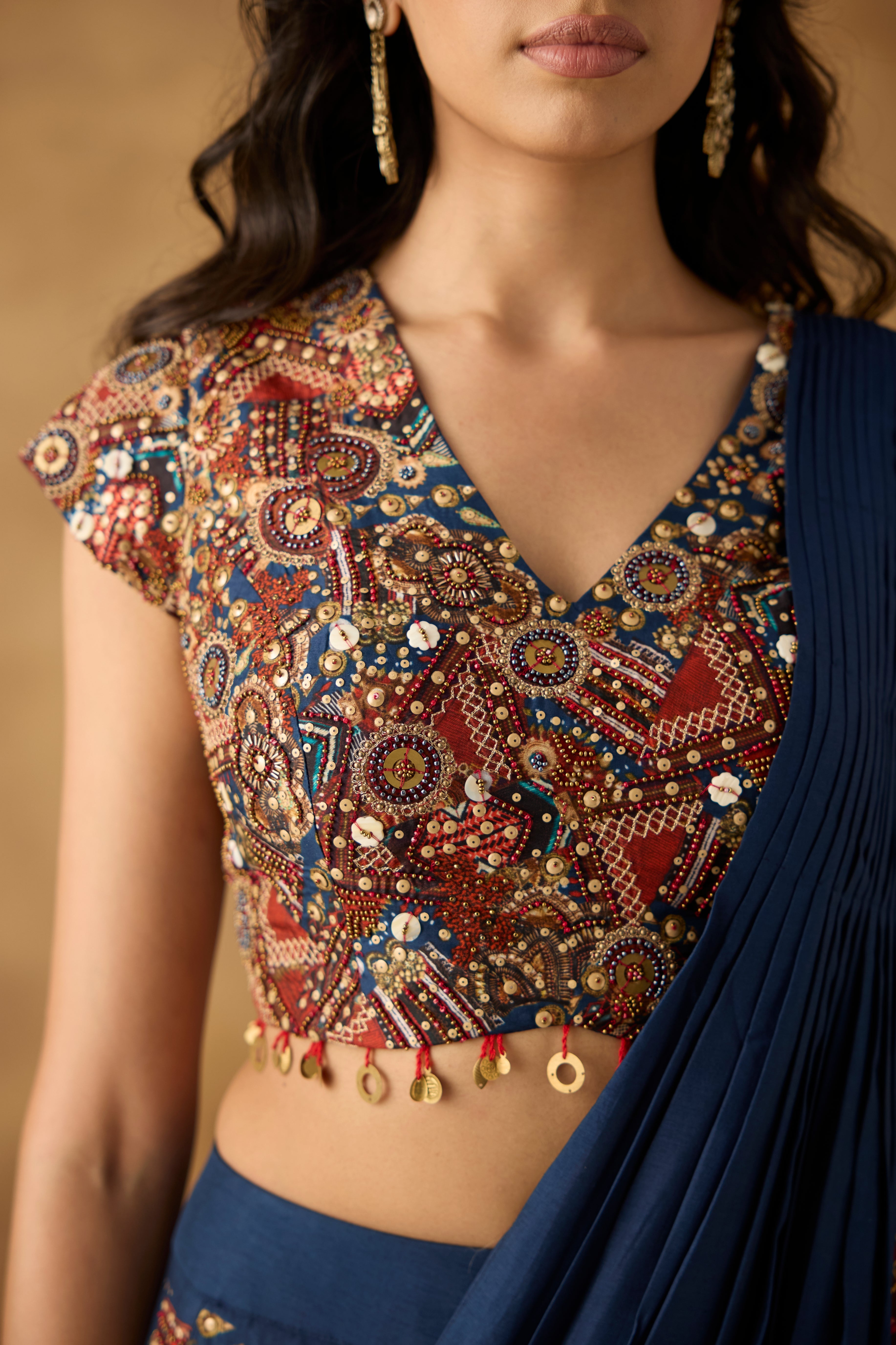 Navy Embellished Georgette Silk Palazzo with Drape