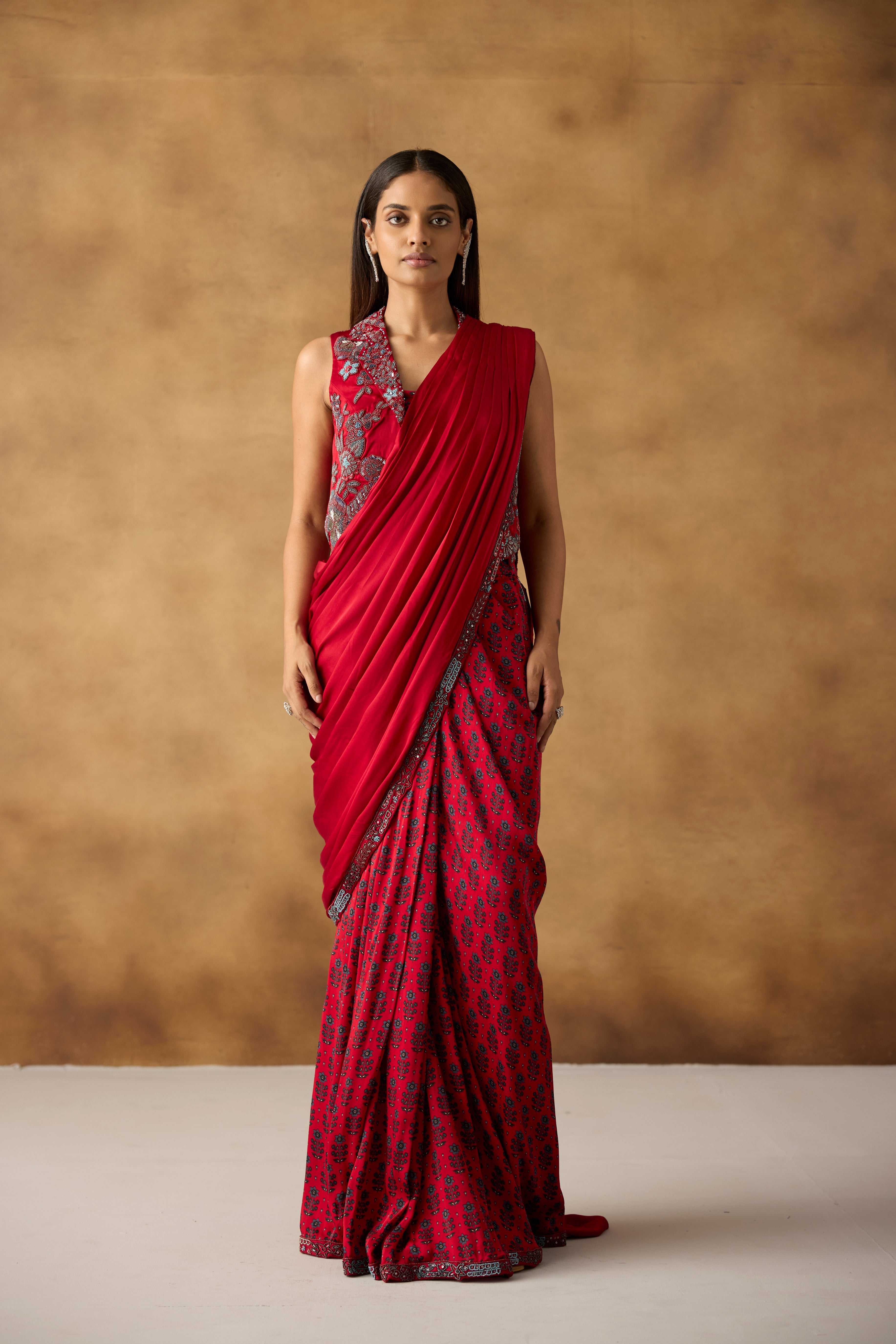 Sangria Red Embellished Crepe Silk Draped Saree