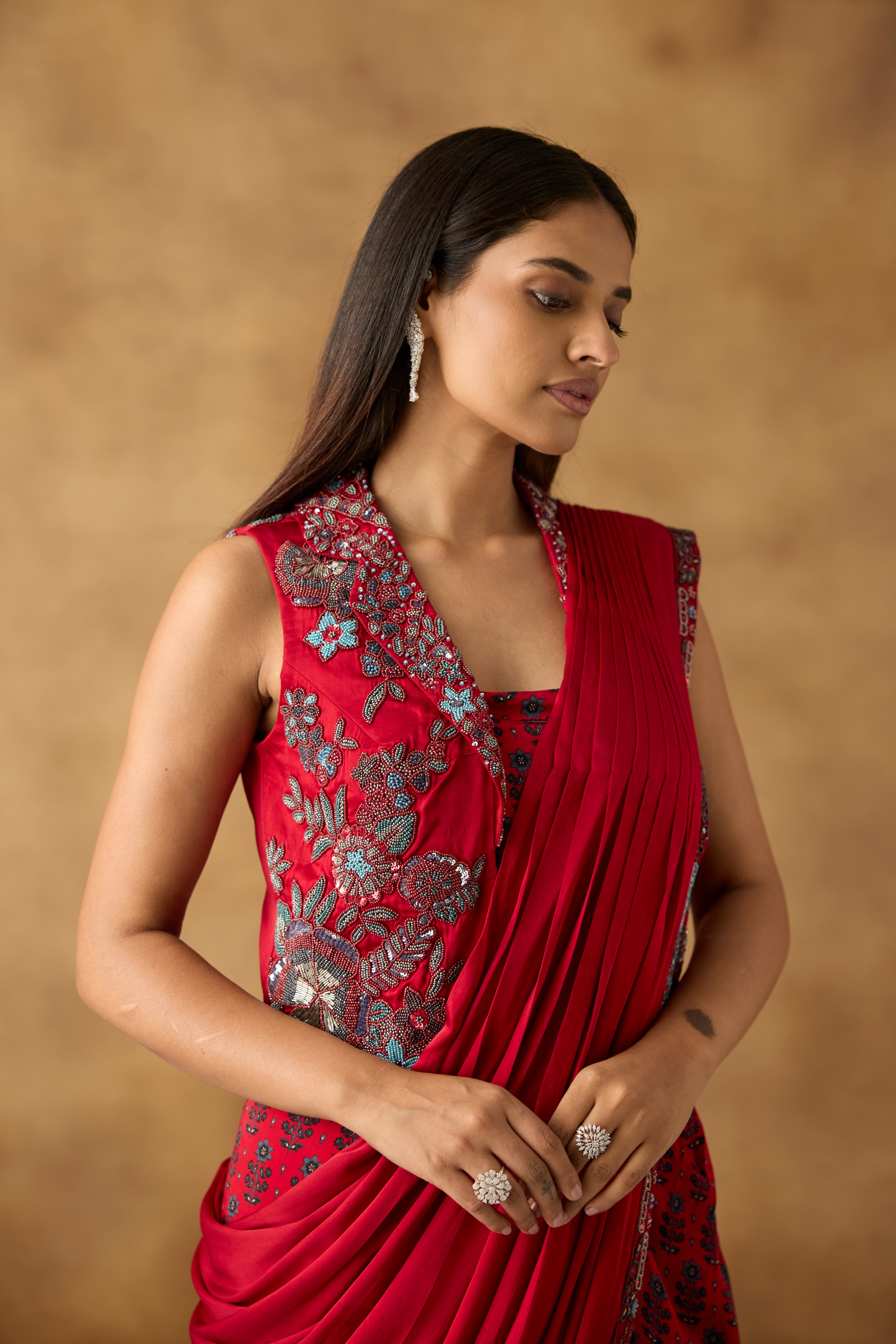 Sangria Red Embellished Crepe Silk Draped Saree