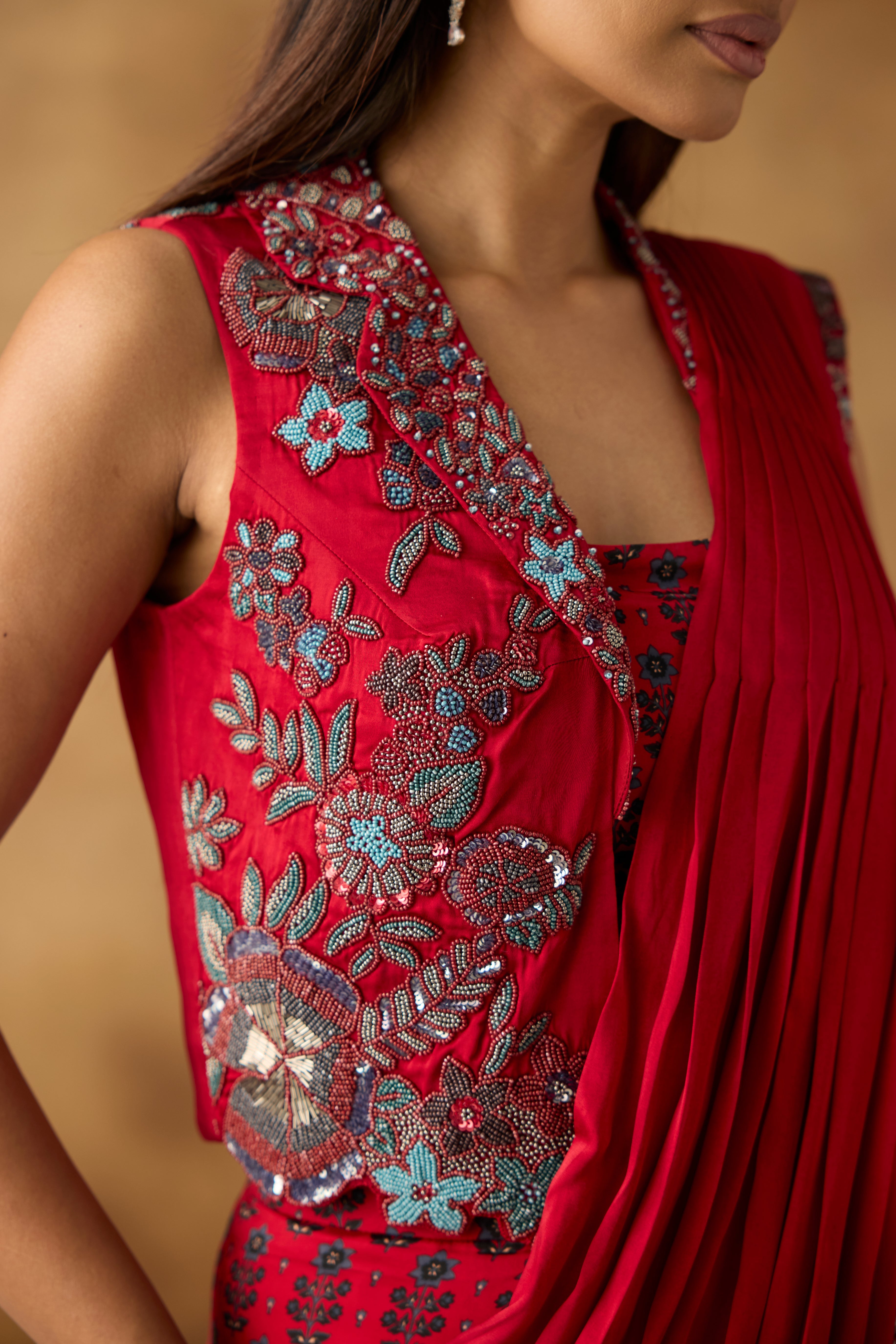 Sangria Red Embellished Crepe Silk Draped Saree
