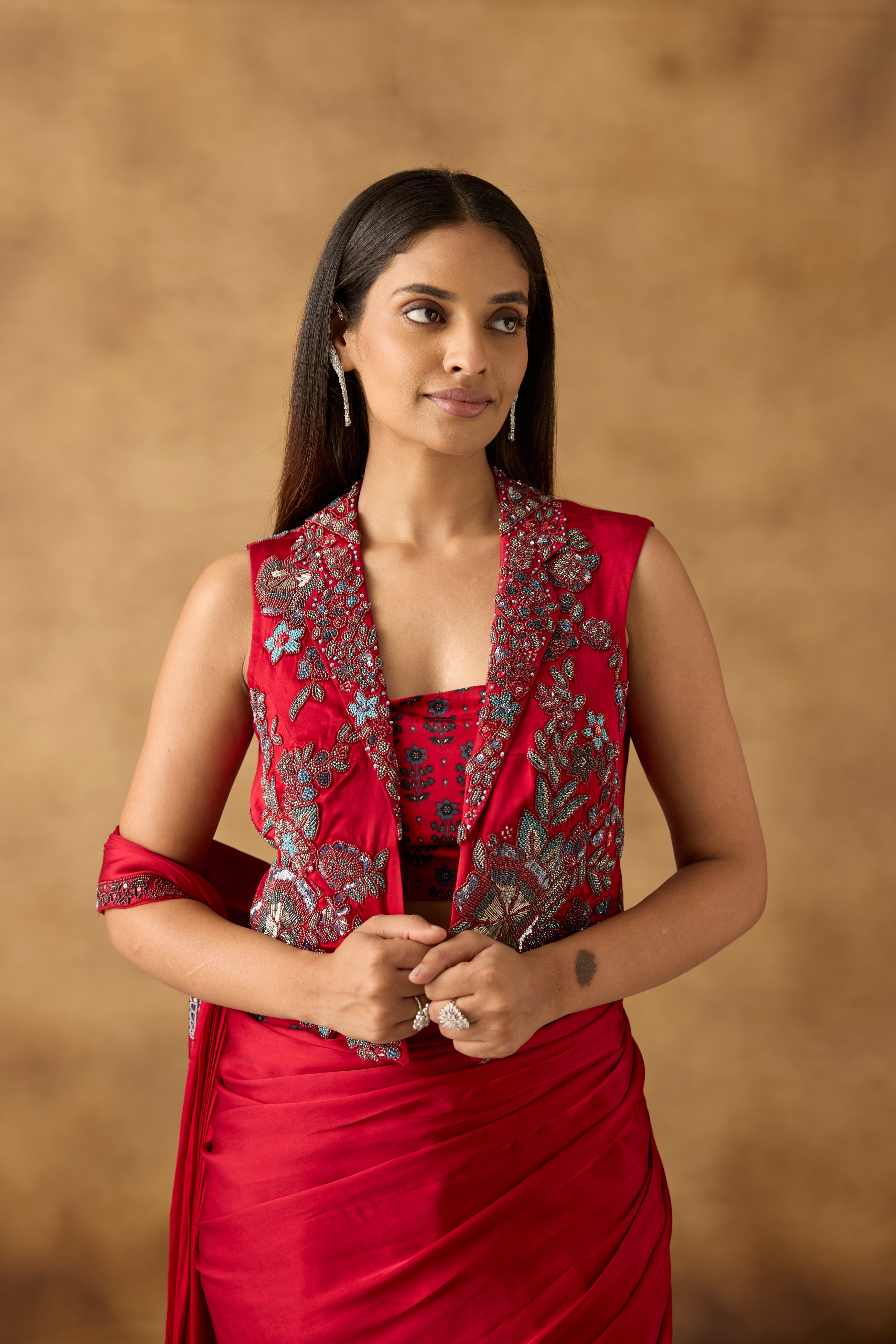 Sangria Red Embellished Crepe Silk Draped Saree