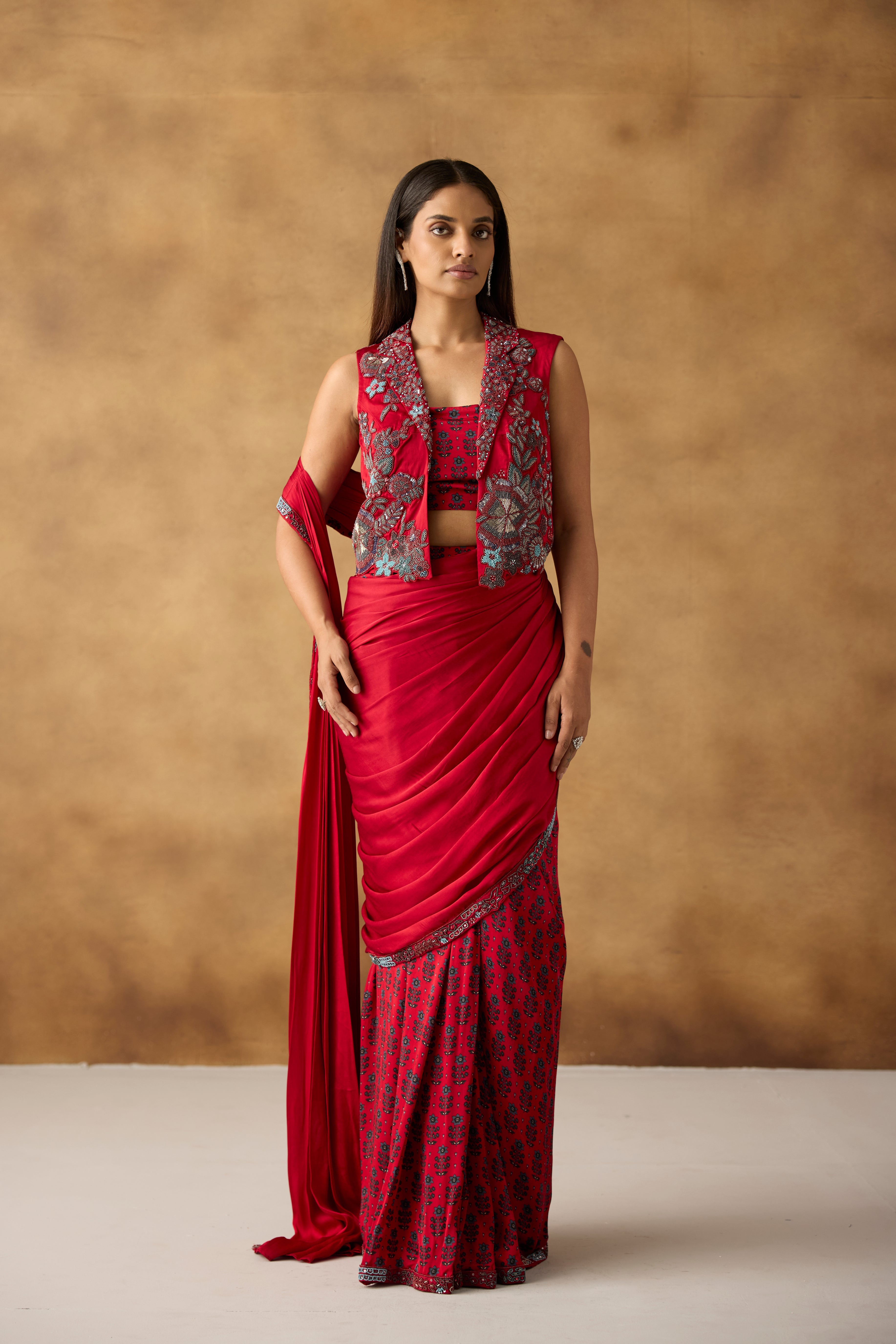 Sangria Red Embellished Crepe Silk Draped Saree