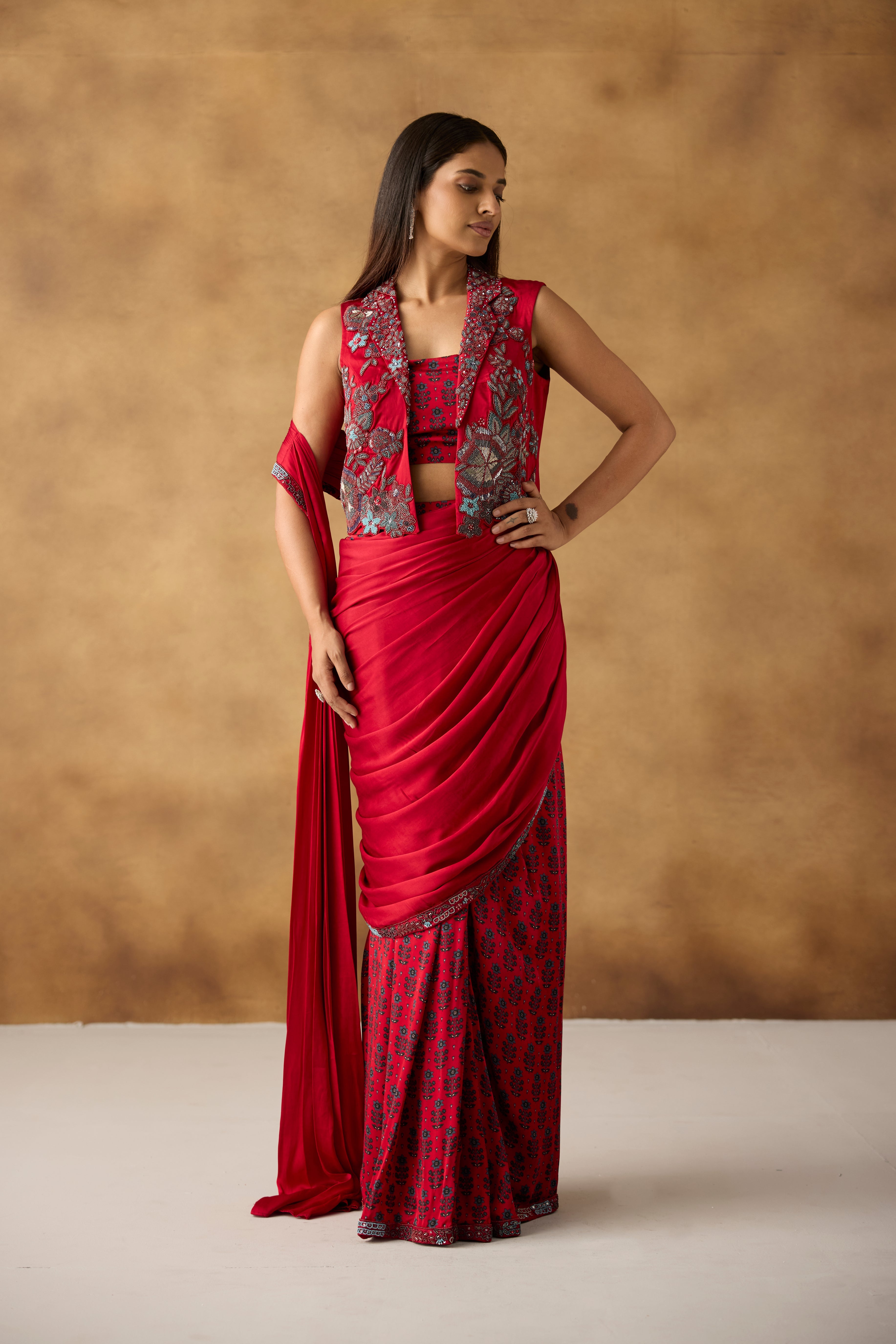 Sangria Red Embellished Crepe Silk Draped Saree