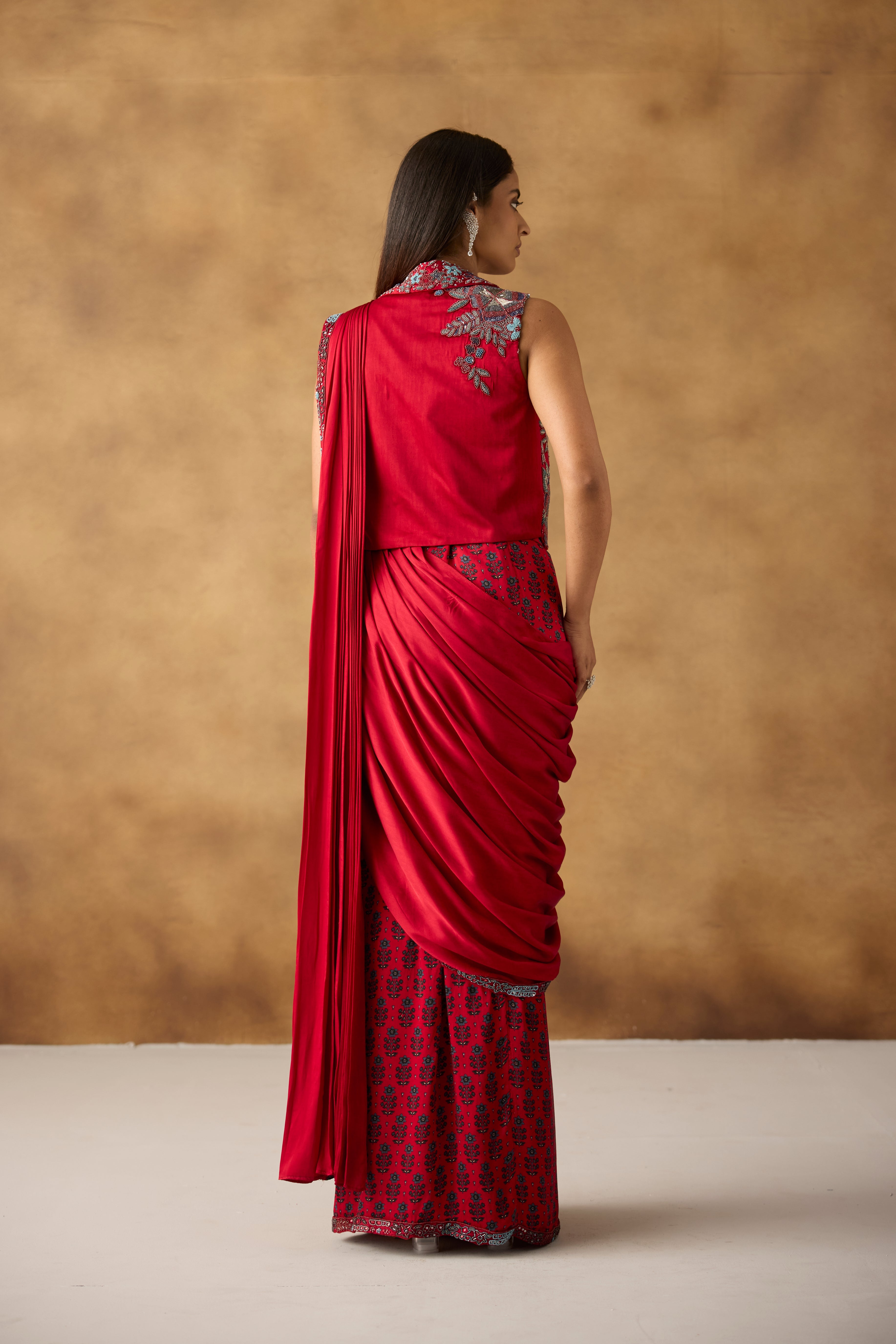 Sangria Red Embellished Crepe Silk Draped Saree