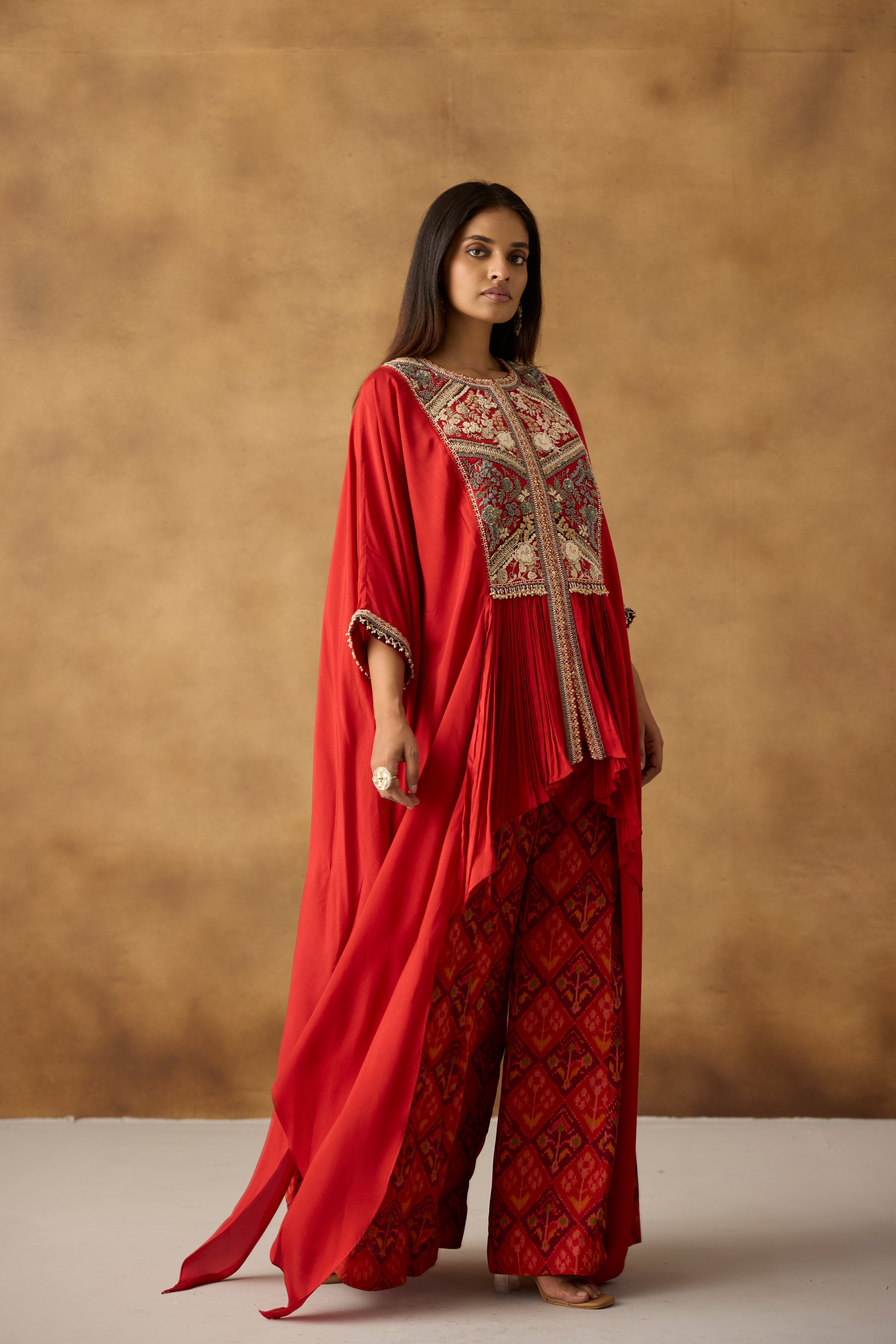 Vermilion Orange Embellished Crepe Silk Kaftan Set