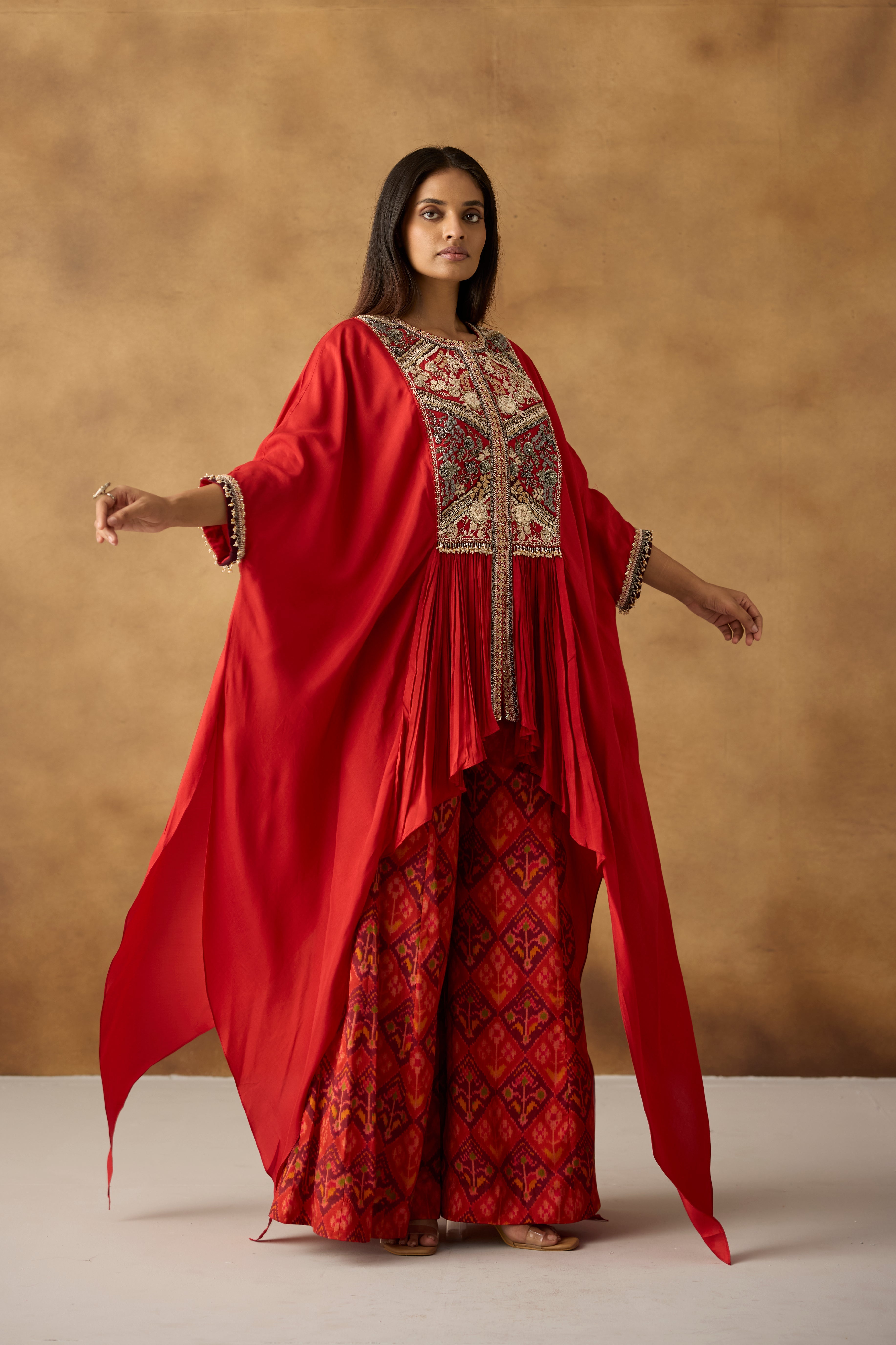 Vermilion Orange Embellished Crepe Silk Kaftan Set