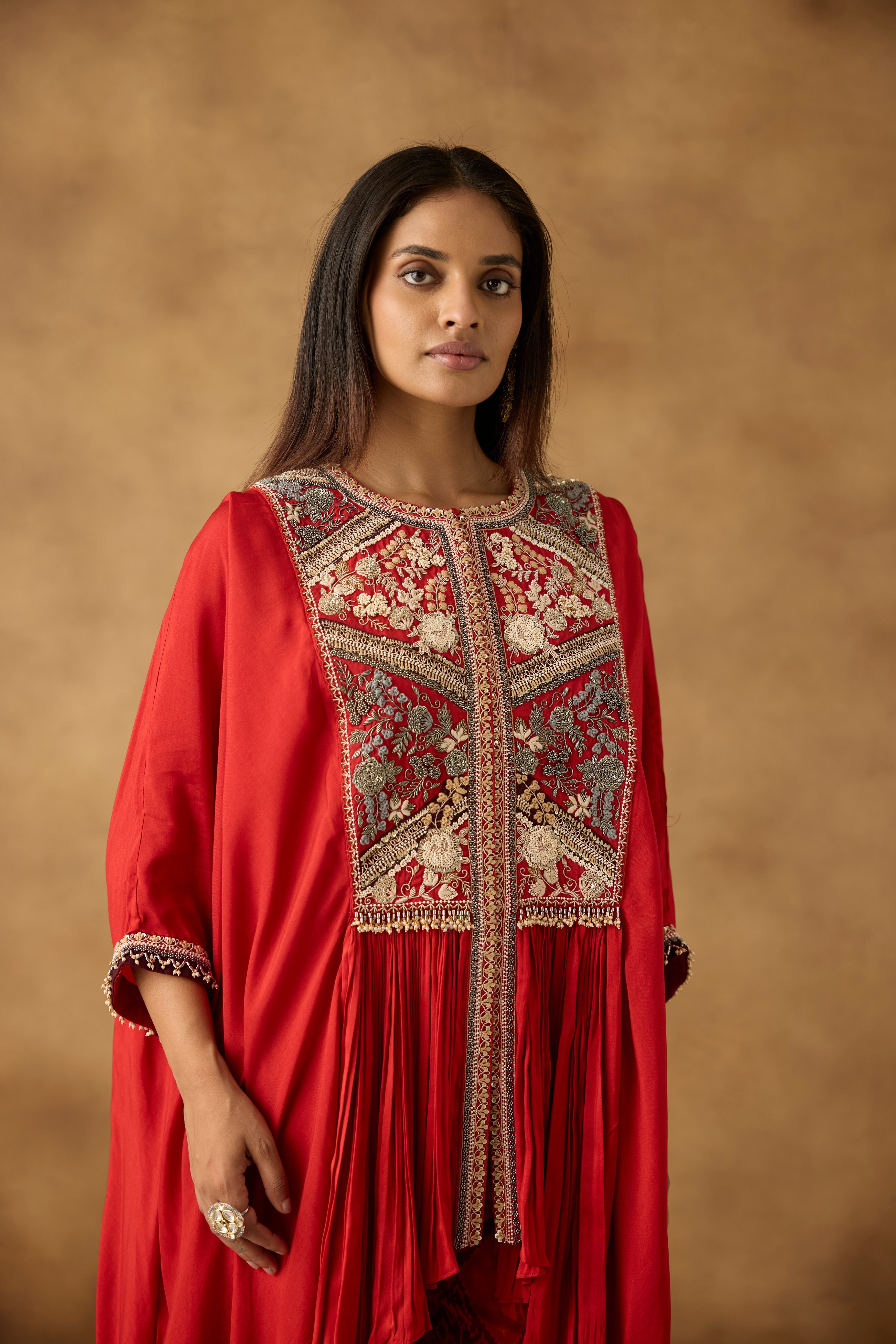 Vermilion Orange Embellished Crepe Silk Kaftan Set
