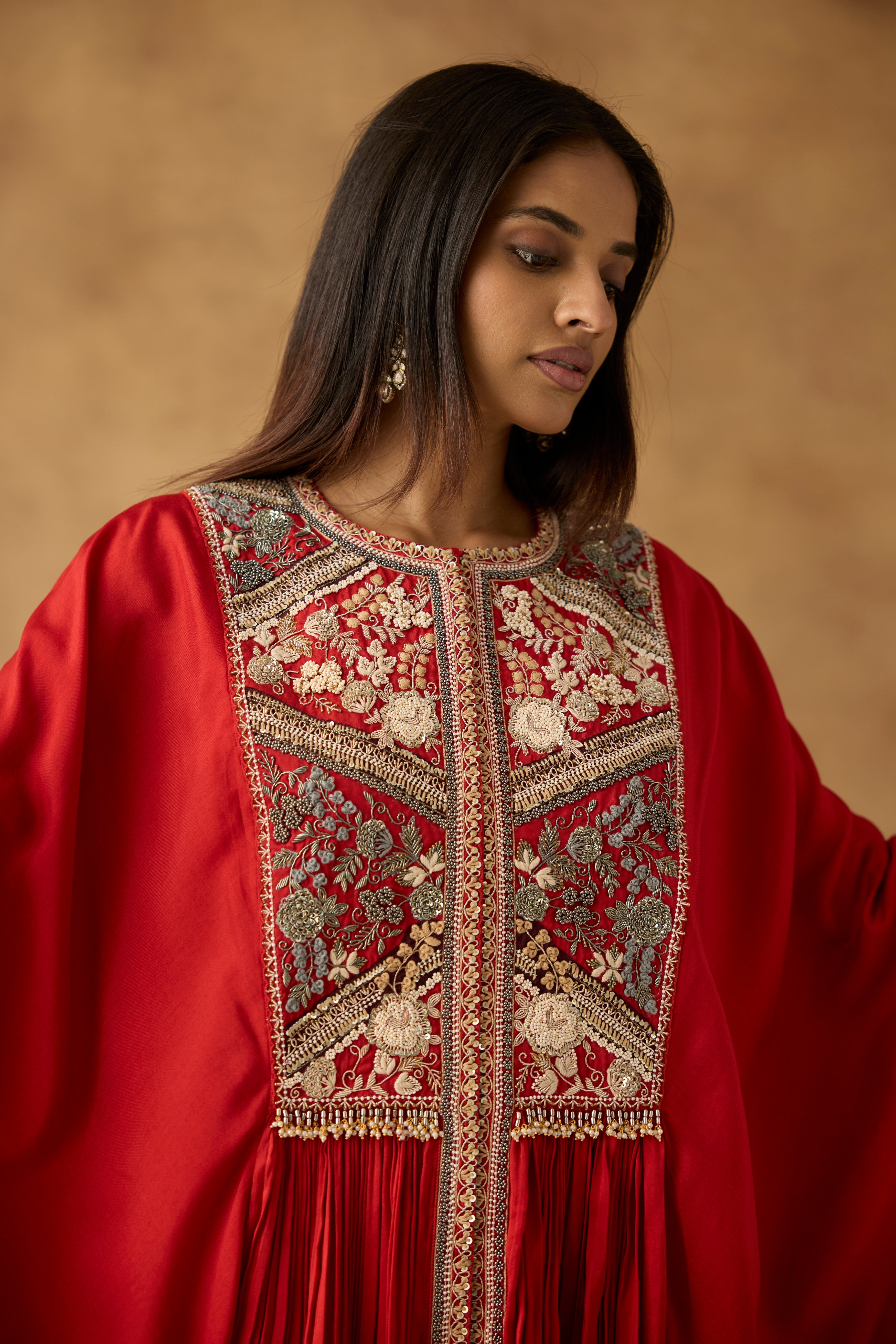 Vermilion Orange Embellished Crepe Silk Kaftan Set