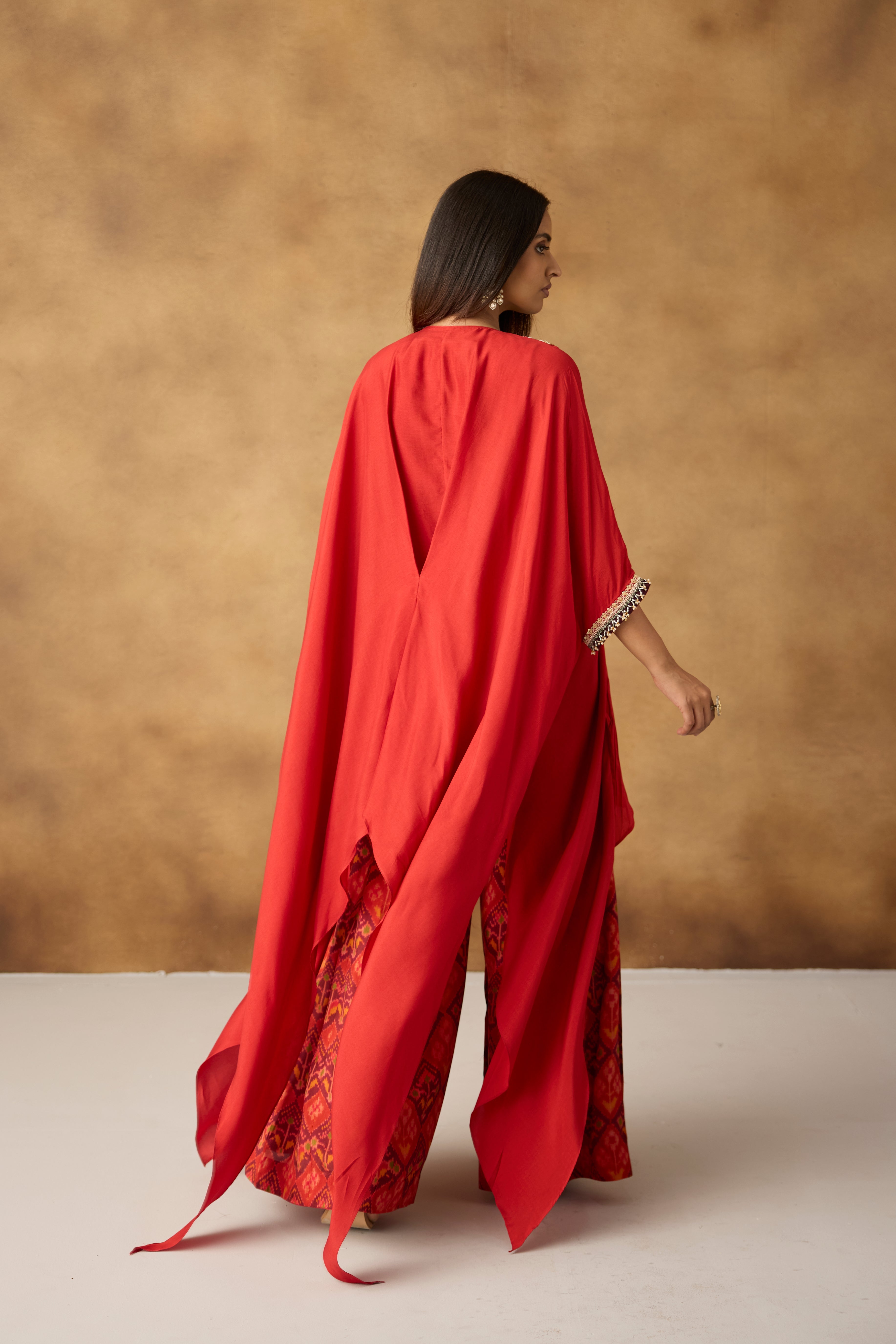 Vermilion Orange Embellished Crepe Silk Kaftan Set