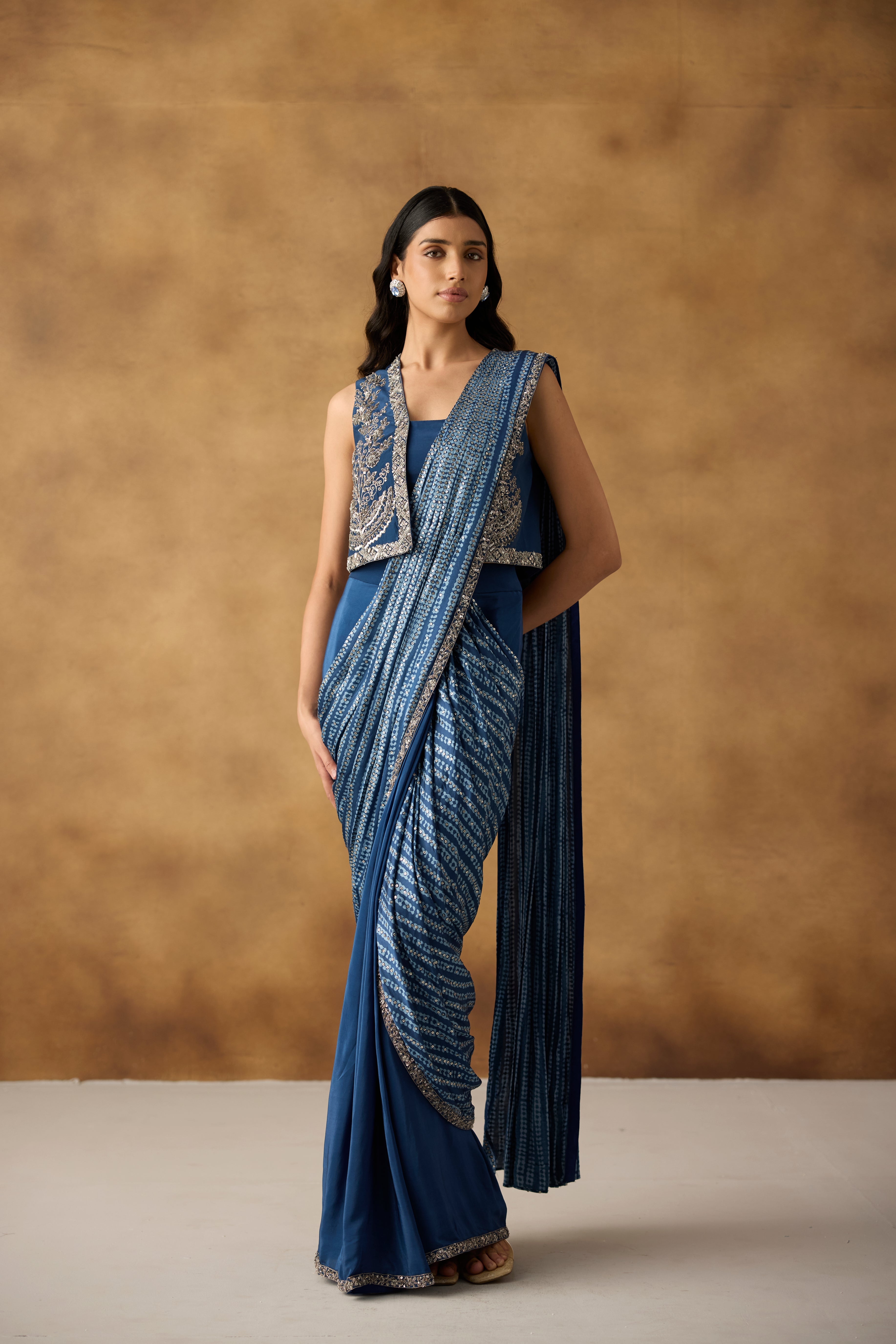 Riviera Blue Embellished Crepe Draped Skirt Saree