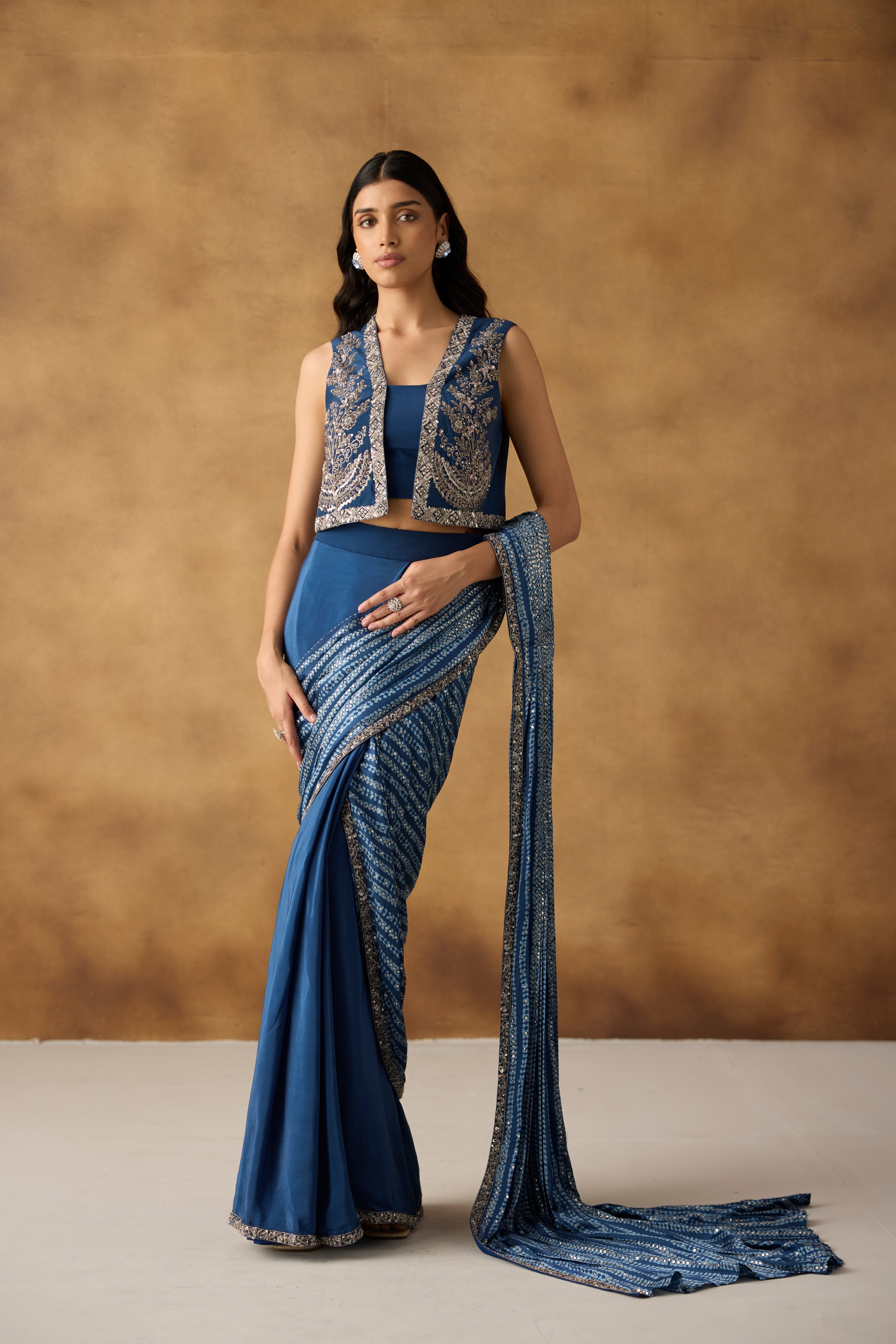 Riviera Blue Embellished Crepe Draped Skirt Saree