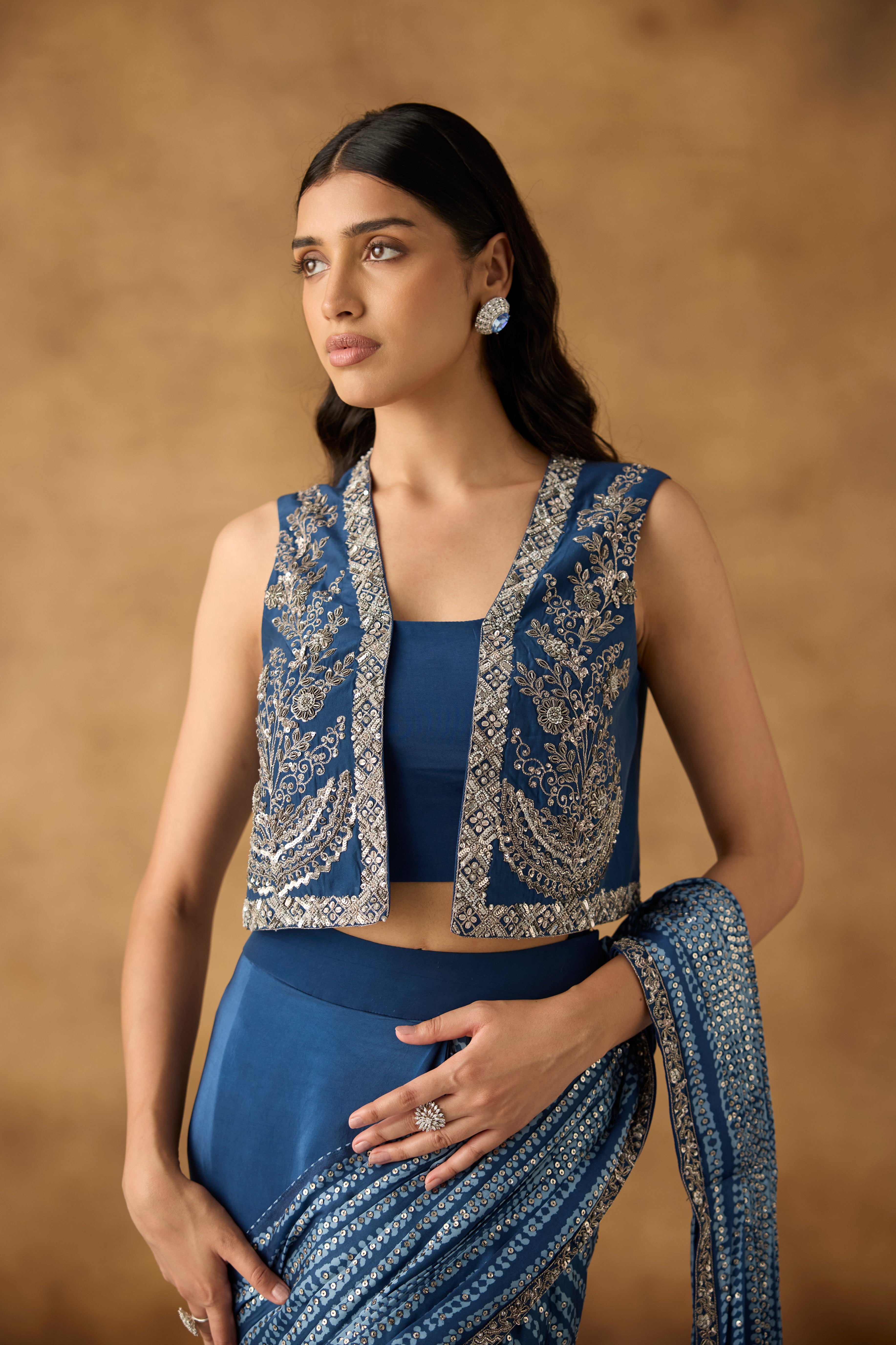 Riviera Blue Embellished Crepe Draped Skirt Saree