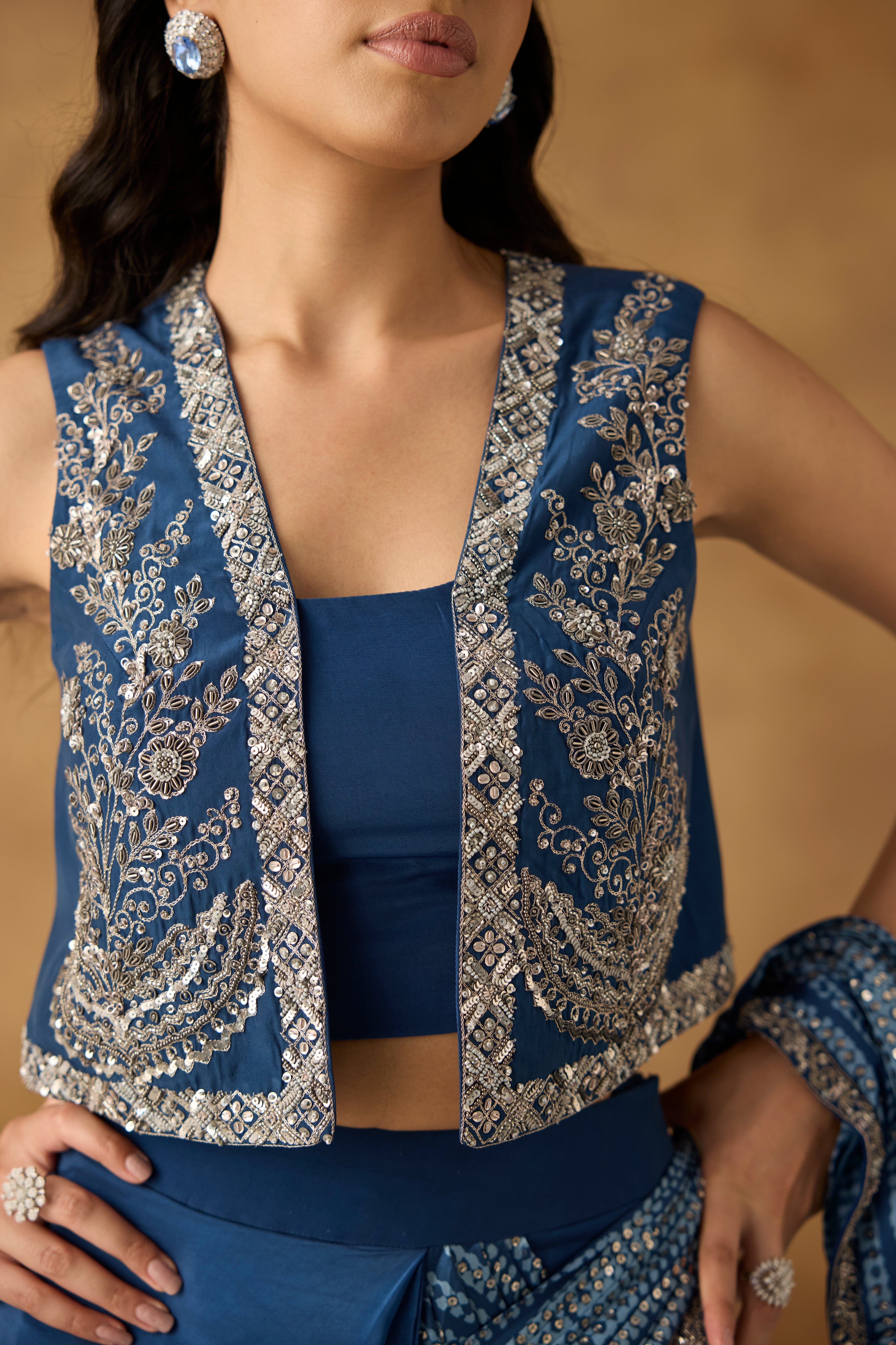 Riviera Blue Embellished Crepe Draped Skirt Saree