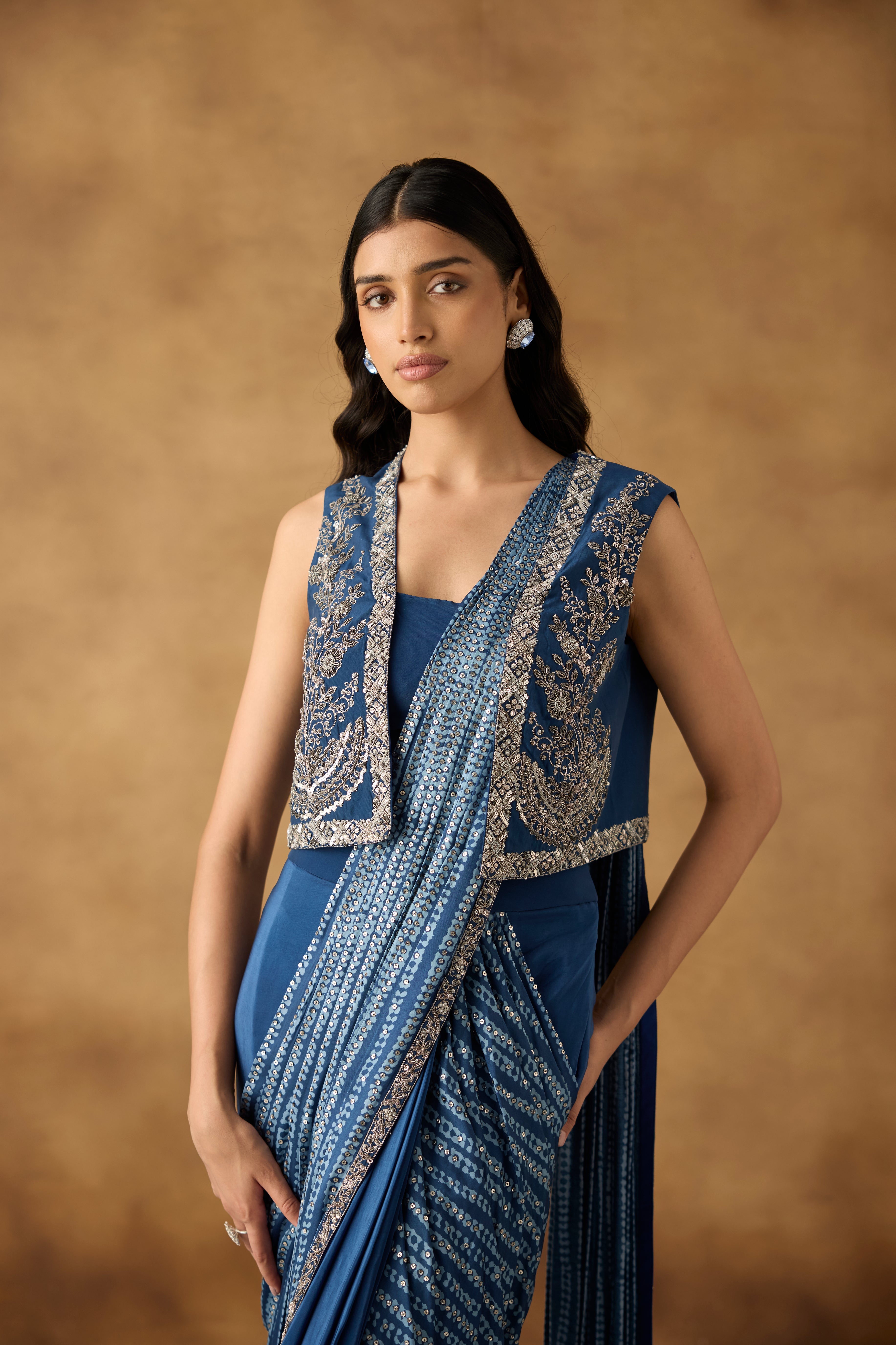 Riviera Blue Embellished Crepe Draped Skirt Saree