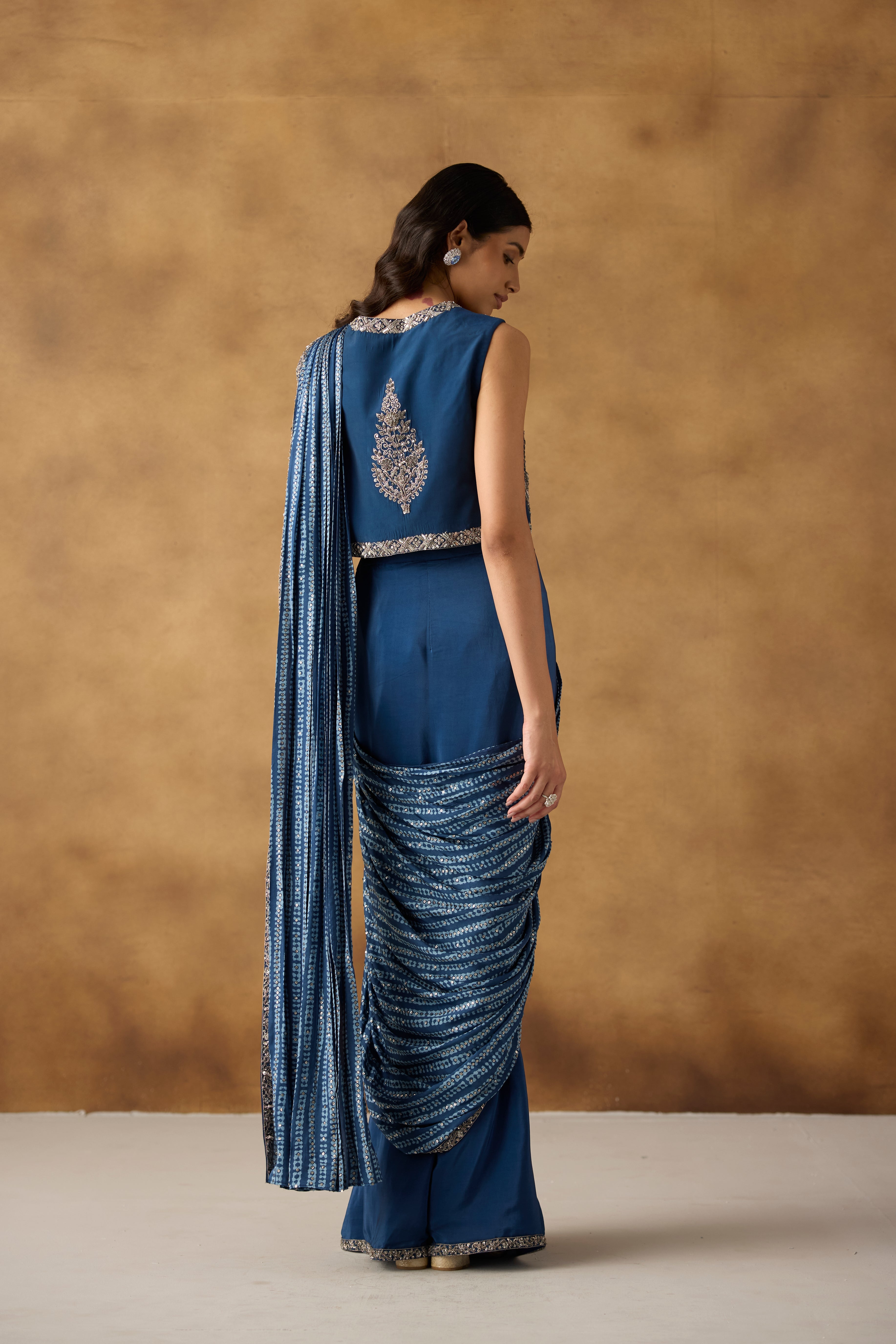 Riviera Blue Embellished Crepe Draped Skirt Saree