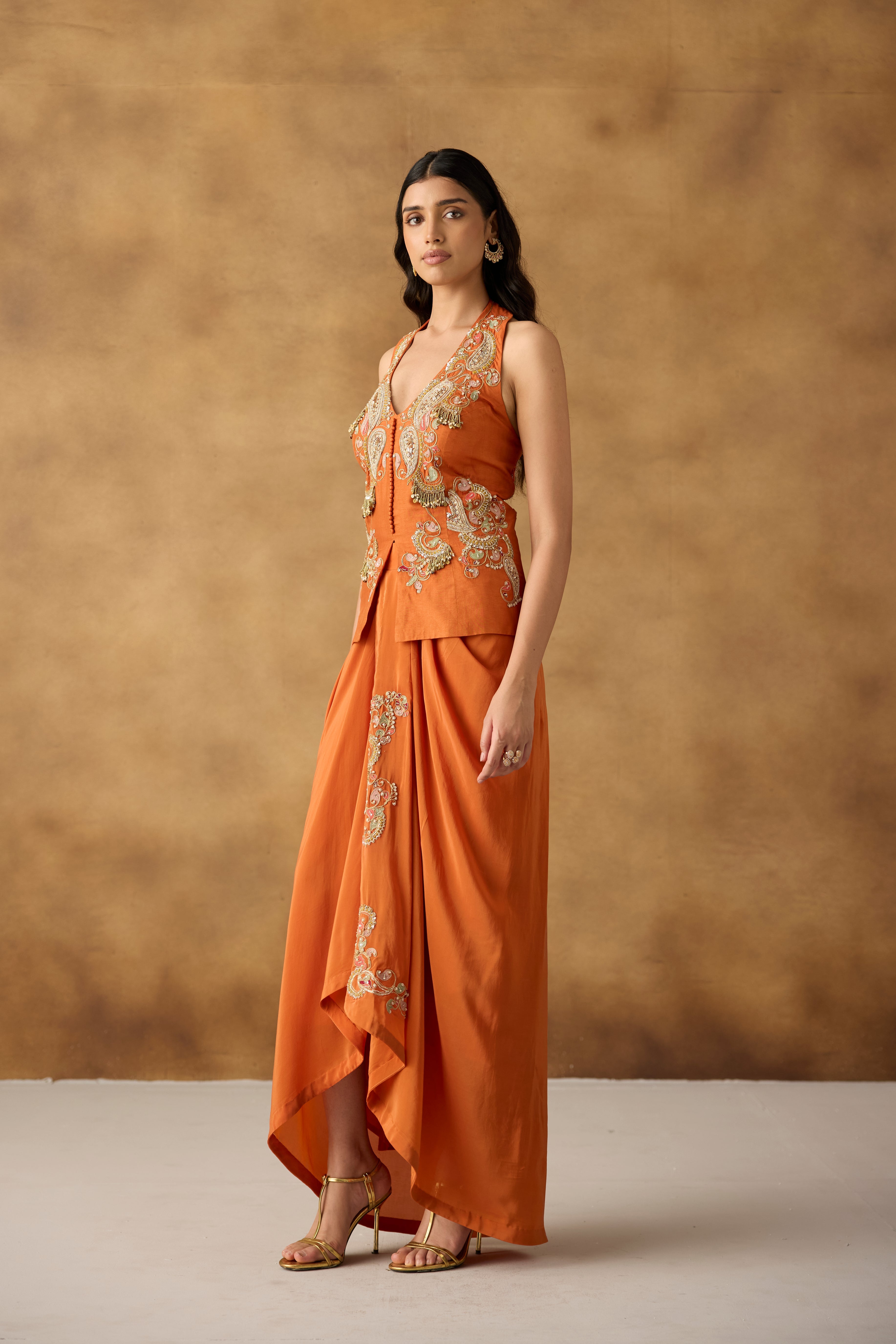 Vibrant Orange Embellished Crepe Satin Silk Skirt Set