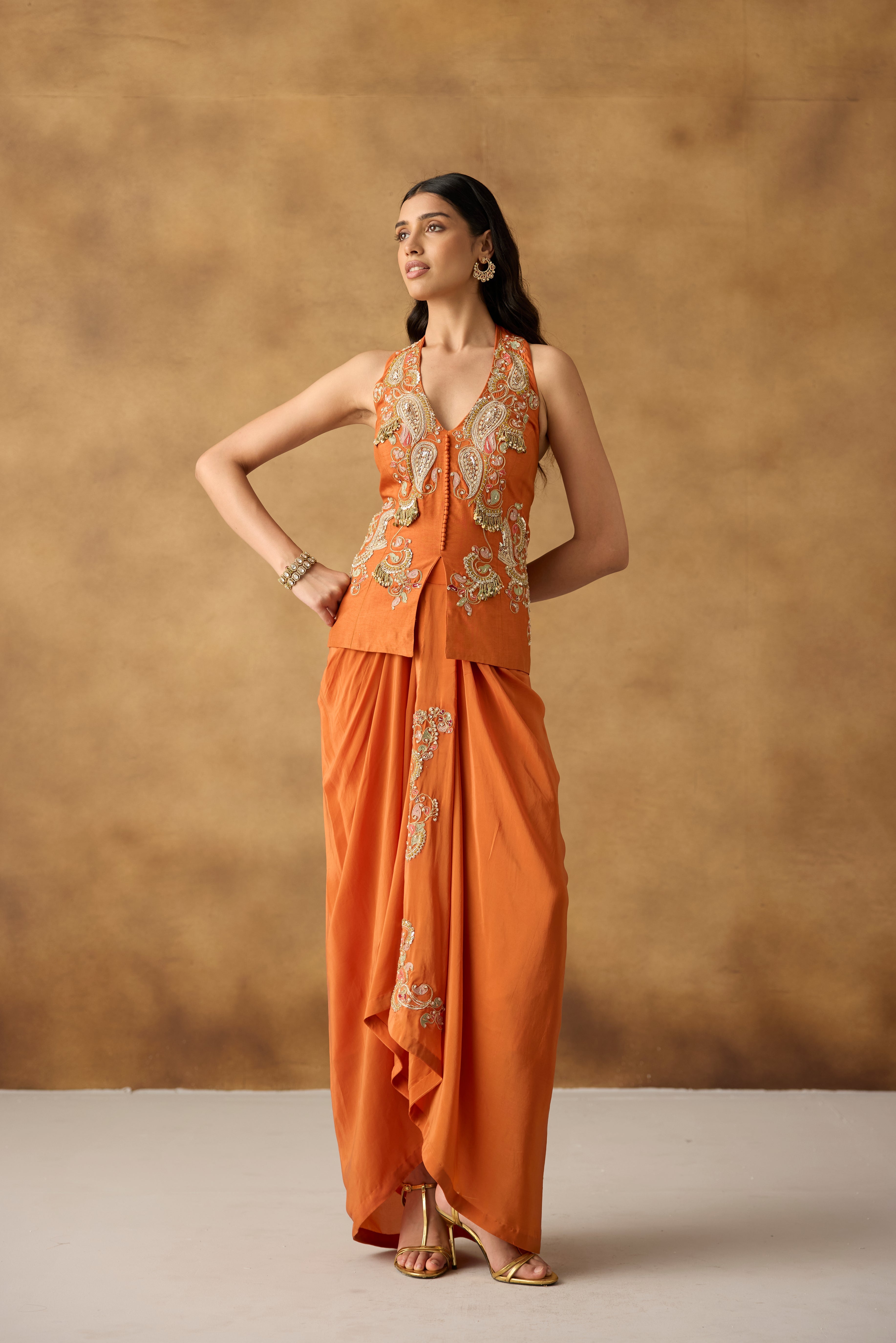 Vibrant Orange Embellished Crepe Satin Silk Skirt Set
