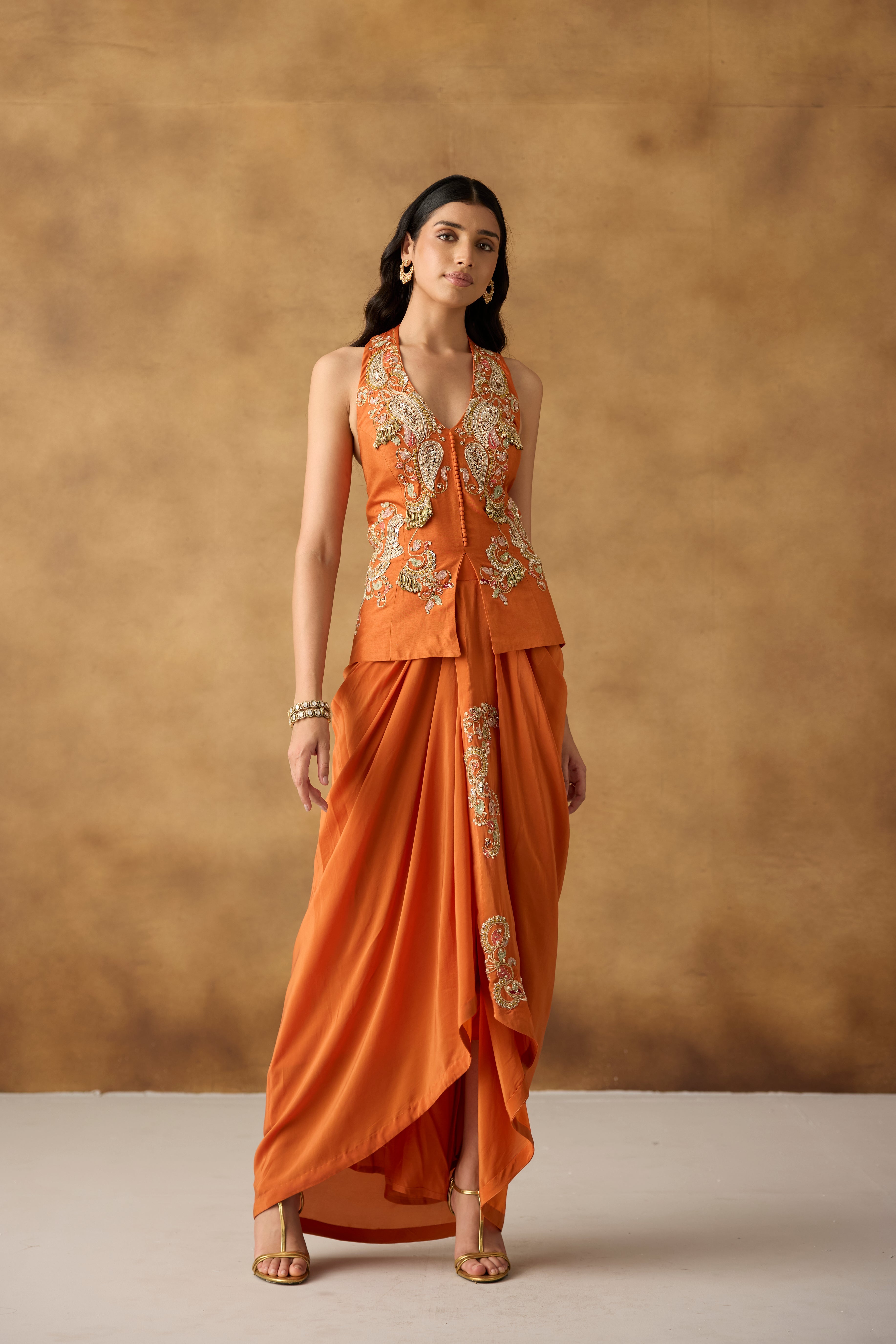 Vibrant Orange Embellished Crepe Satin Silk Skirt Set