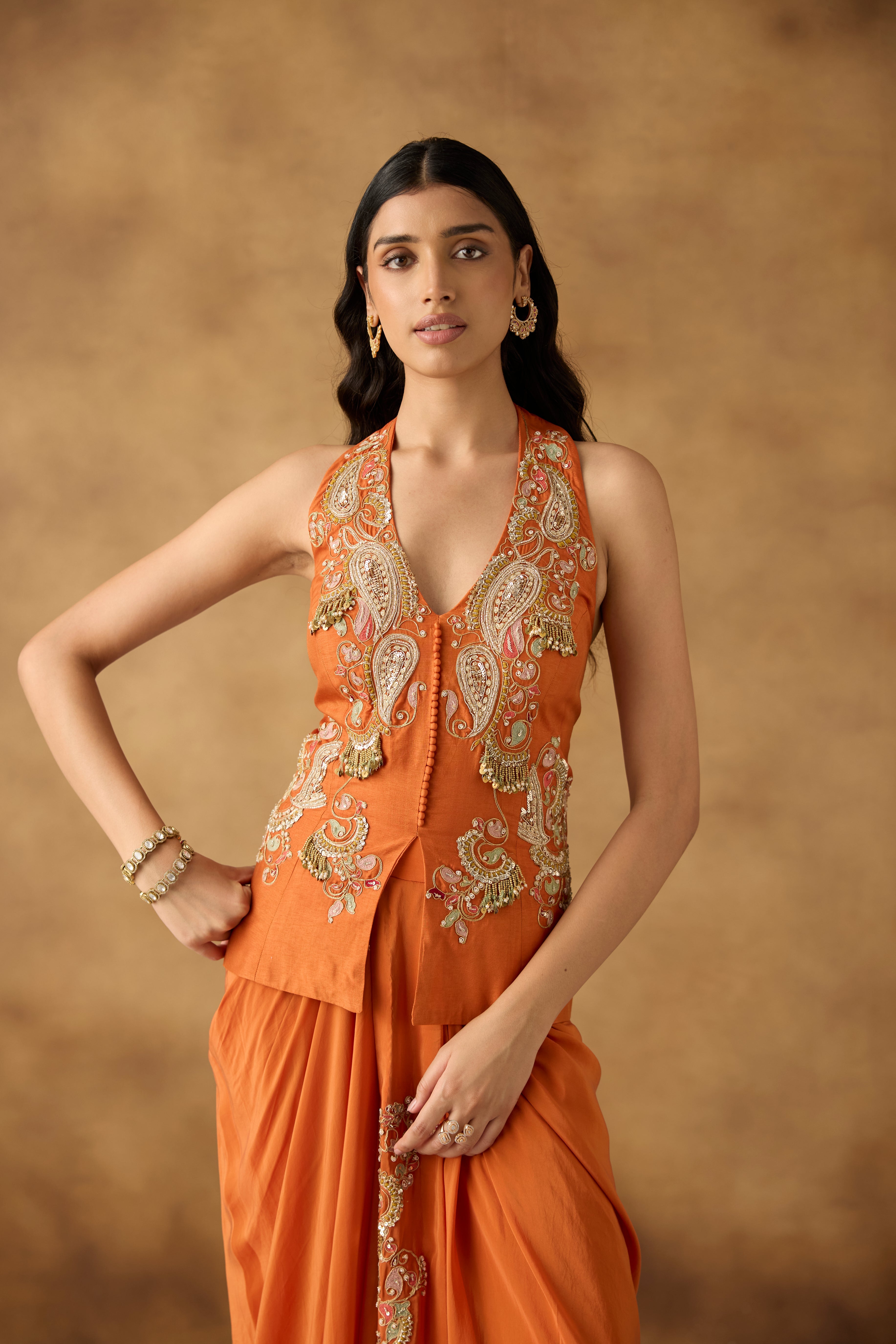Vibrant Orange Embellished Crepe Satin Silk Skirt Set